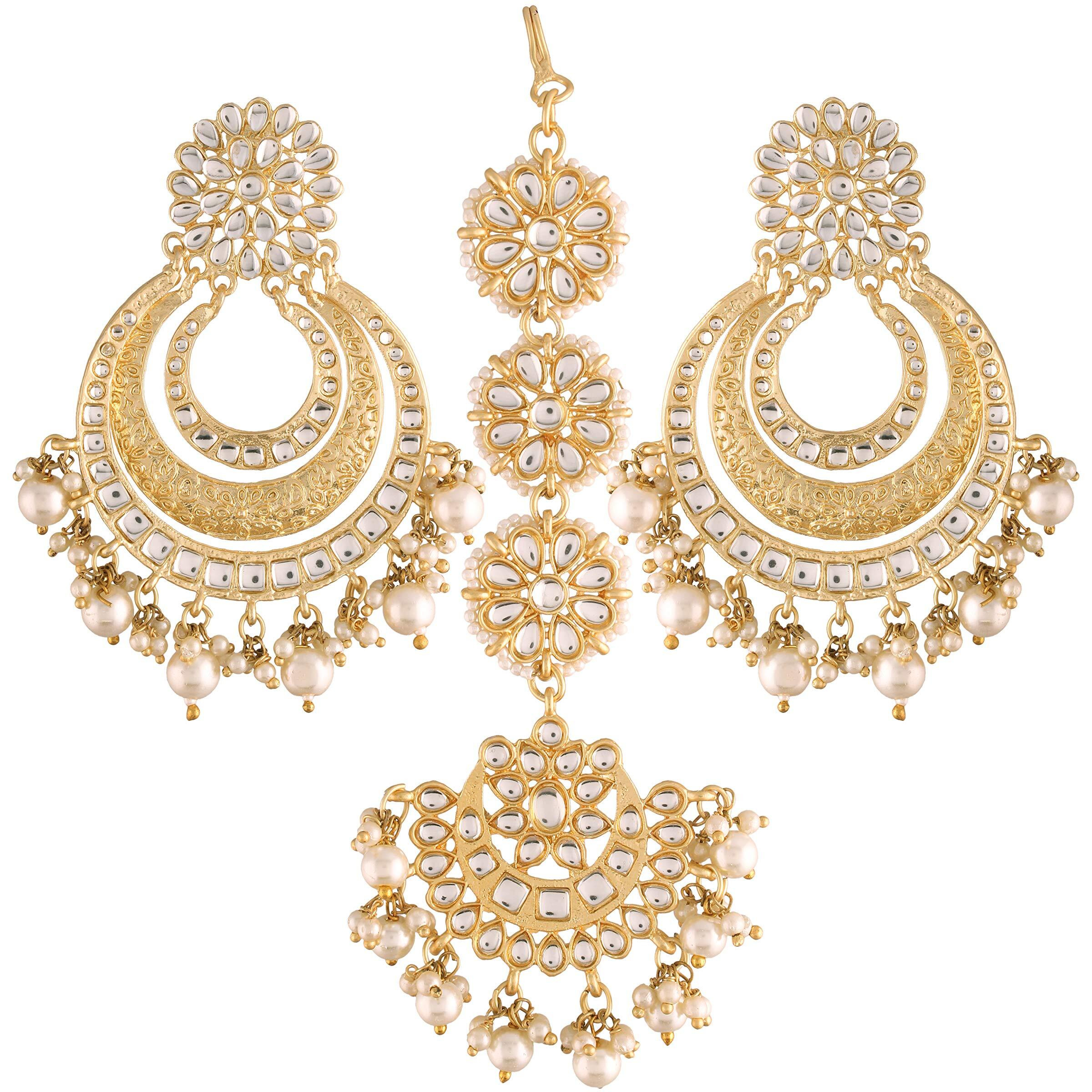 I Jewels Gold Plated with Stunning Matte Finish Traditional Big Kundan & Faux Pearl Bridal Chandbali Earrings with Maang Tikka Set for Women/Girls (TE2860FL)