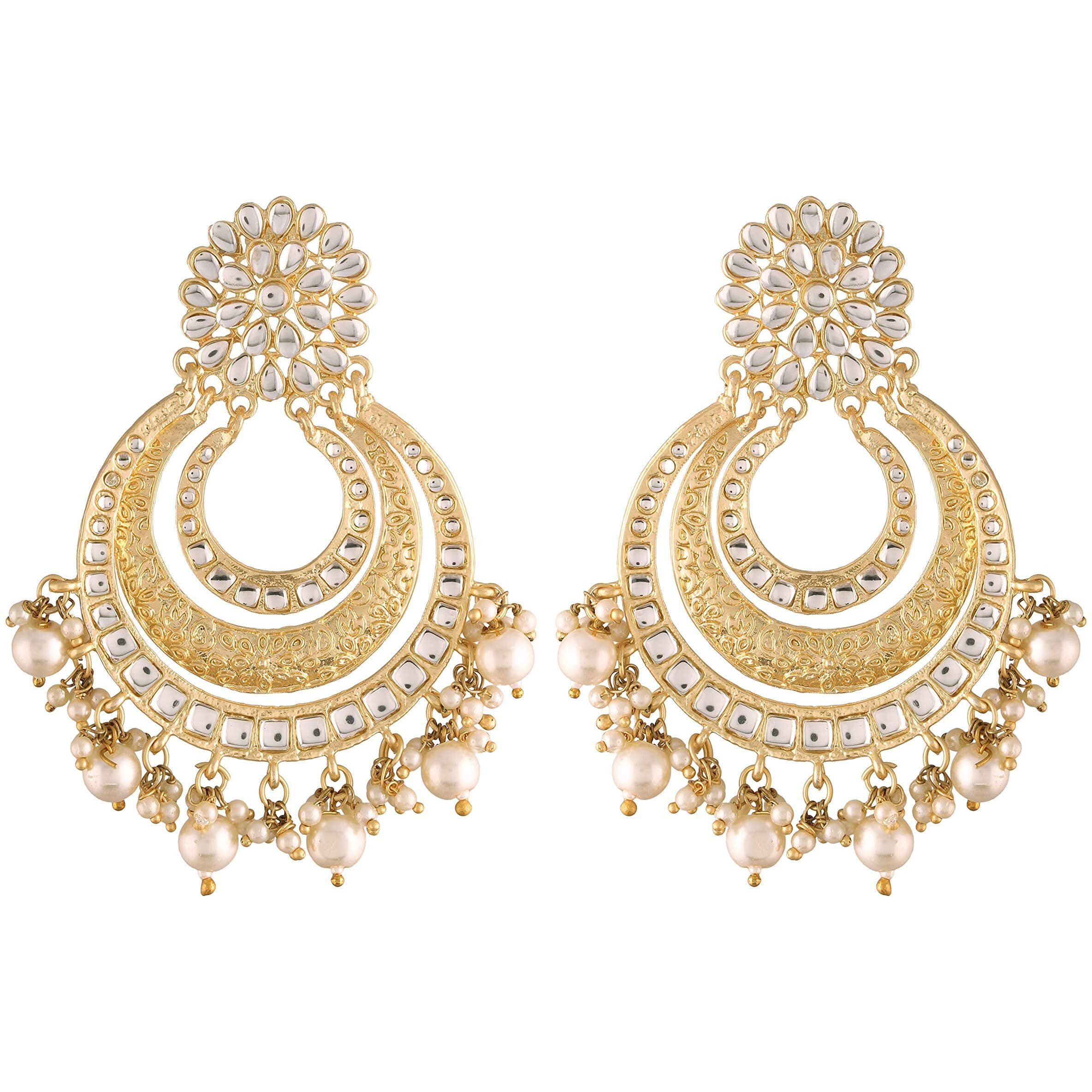 I Jewels Gold Plated with Stunning Matte Finish Traditional Big Kundan & Faux Pearl Bridal Chandbali Earrings with Maang Tikka Set for Women/Girls (TE2860FL)