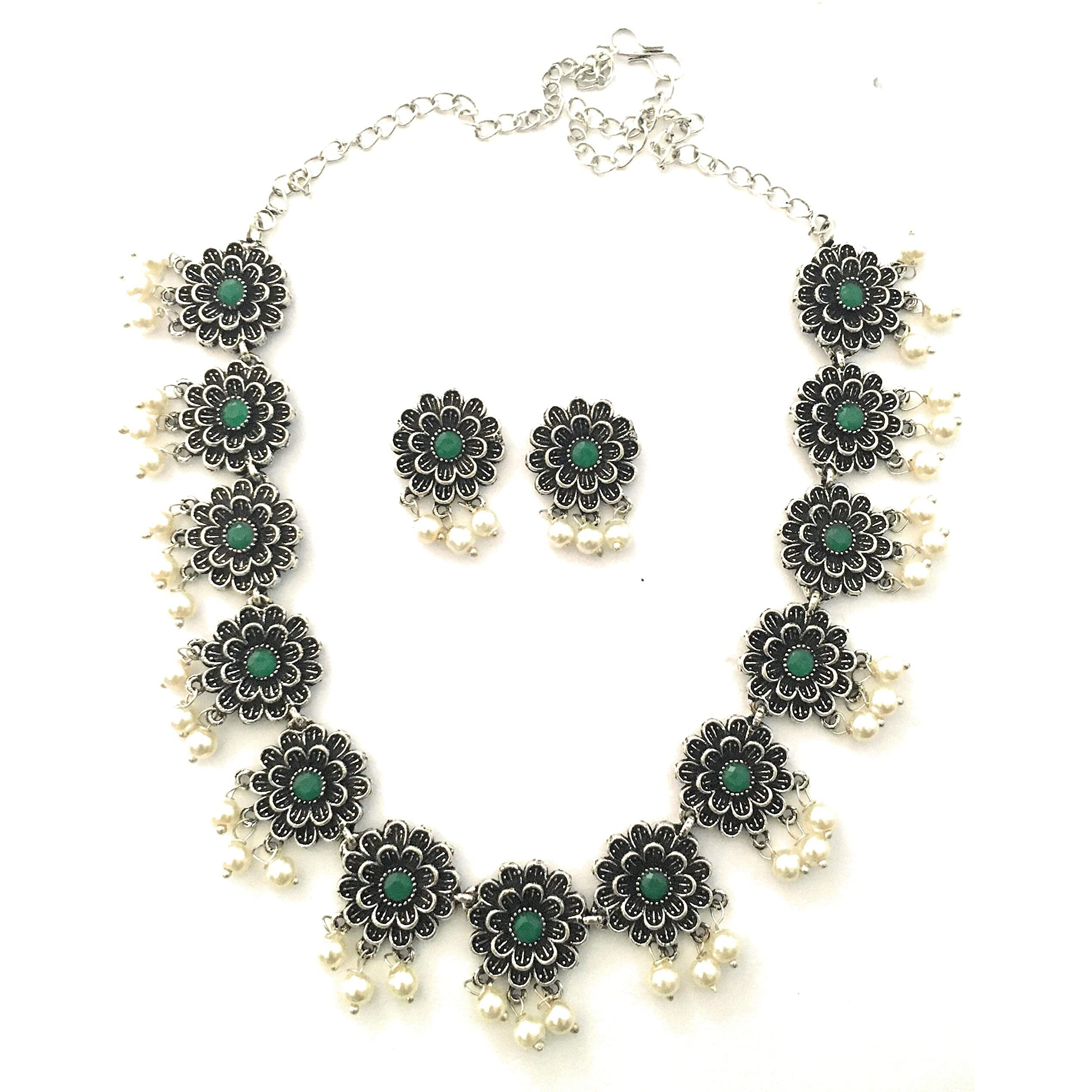 Sasitrends Oxidized Pearl German Silver Stone Studded Jewellery Necklace Set for Women and Girls