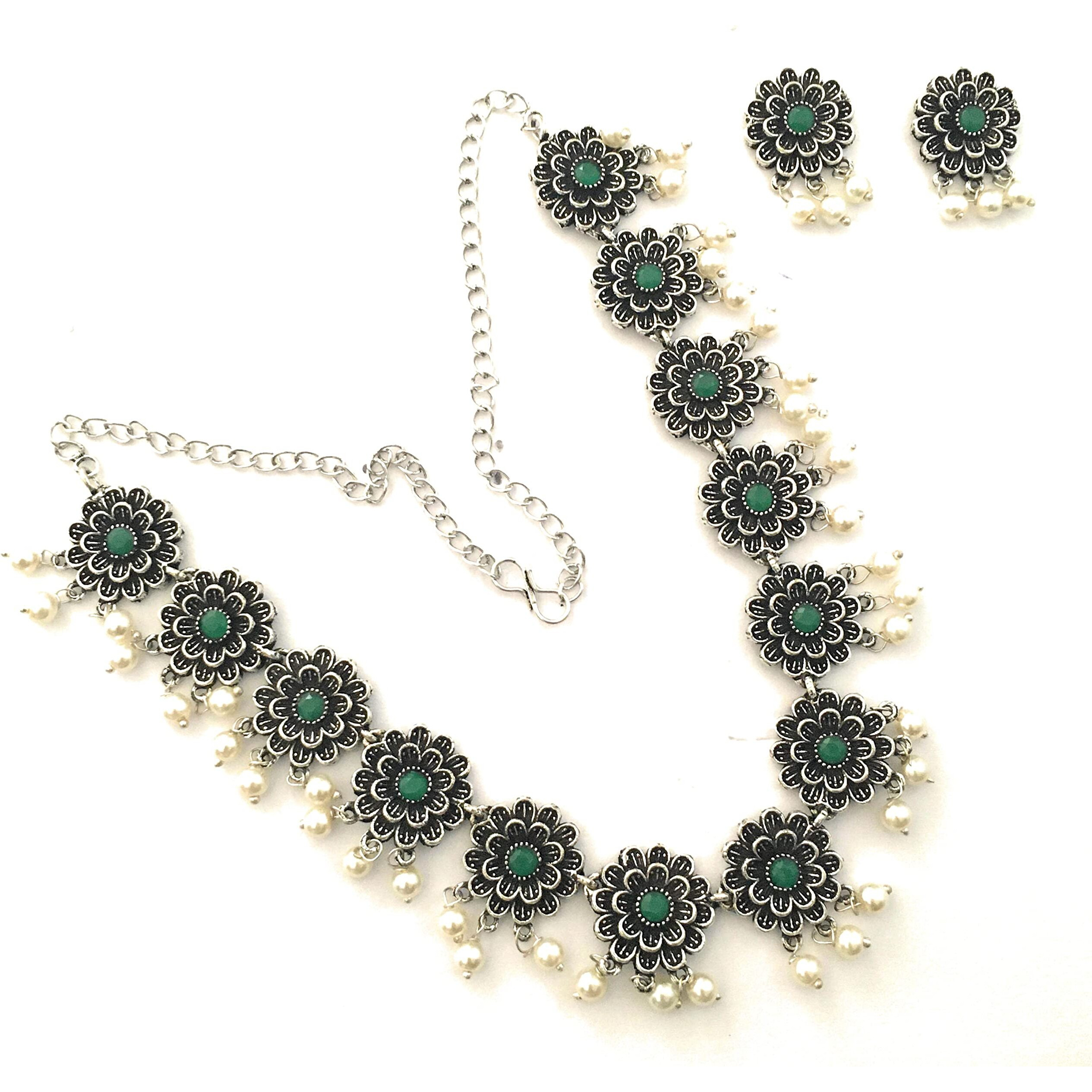 Sasitrends Oxidized Pearl German Silver Stone Studded Jewellery Necklace Set for Women and Girls