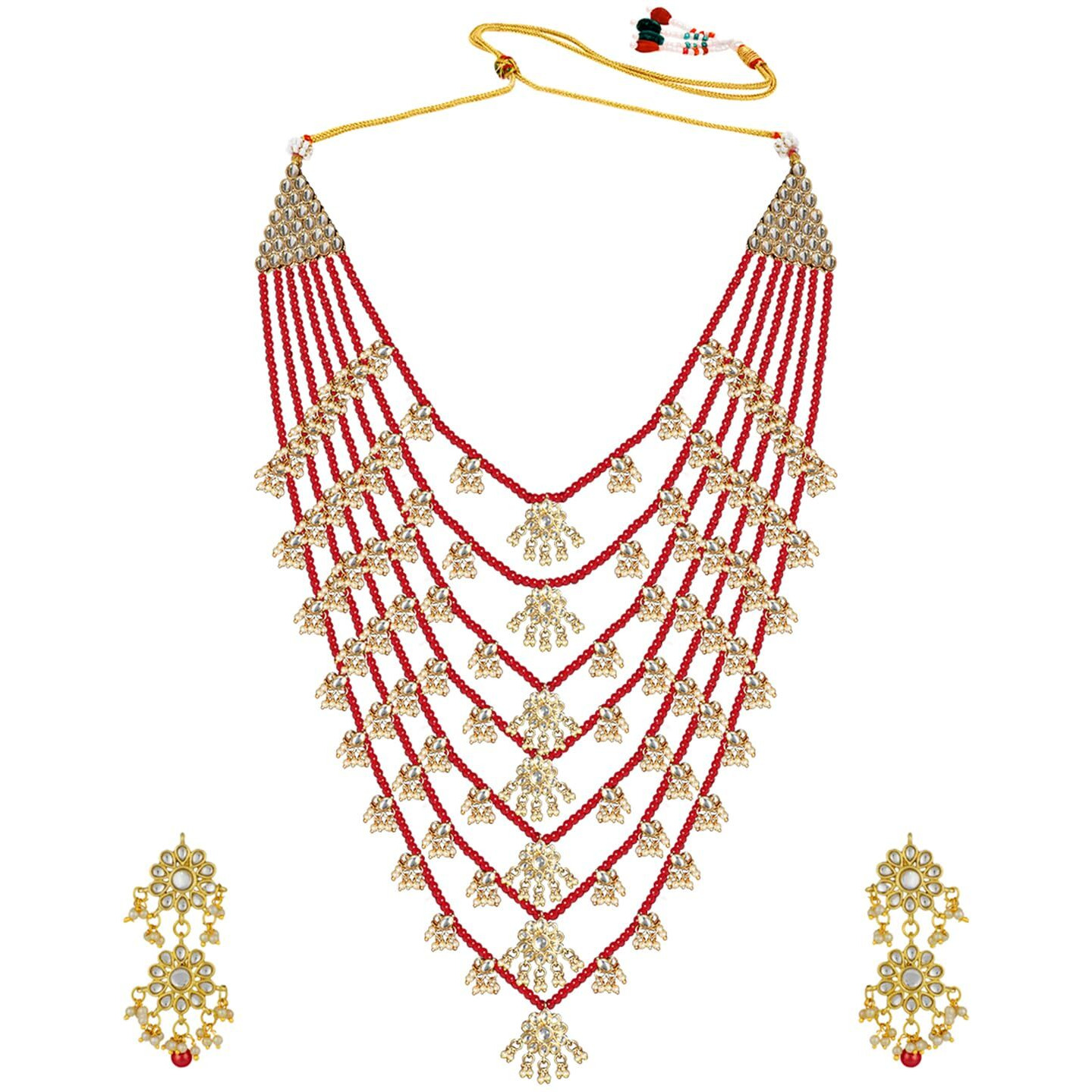 Peora Traditional Jewellery Red Floral Multi Layered Necklace Earrings Jewellery Set For Women Girls