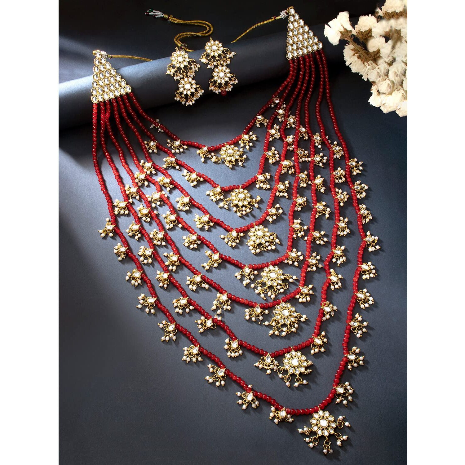 Peora Traditional Jewellery Red Floral Multi Layered Necklace Earrings Jewellery Set For Women Girls