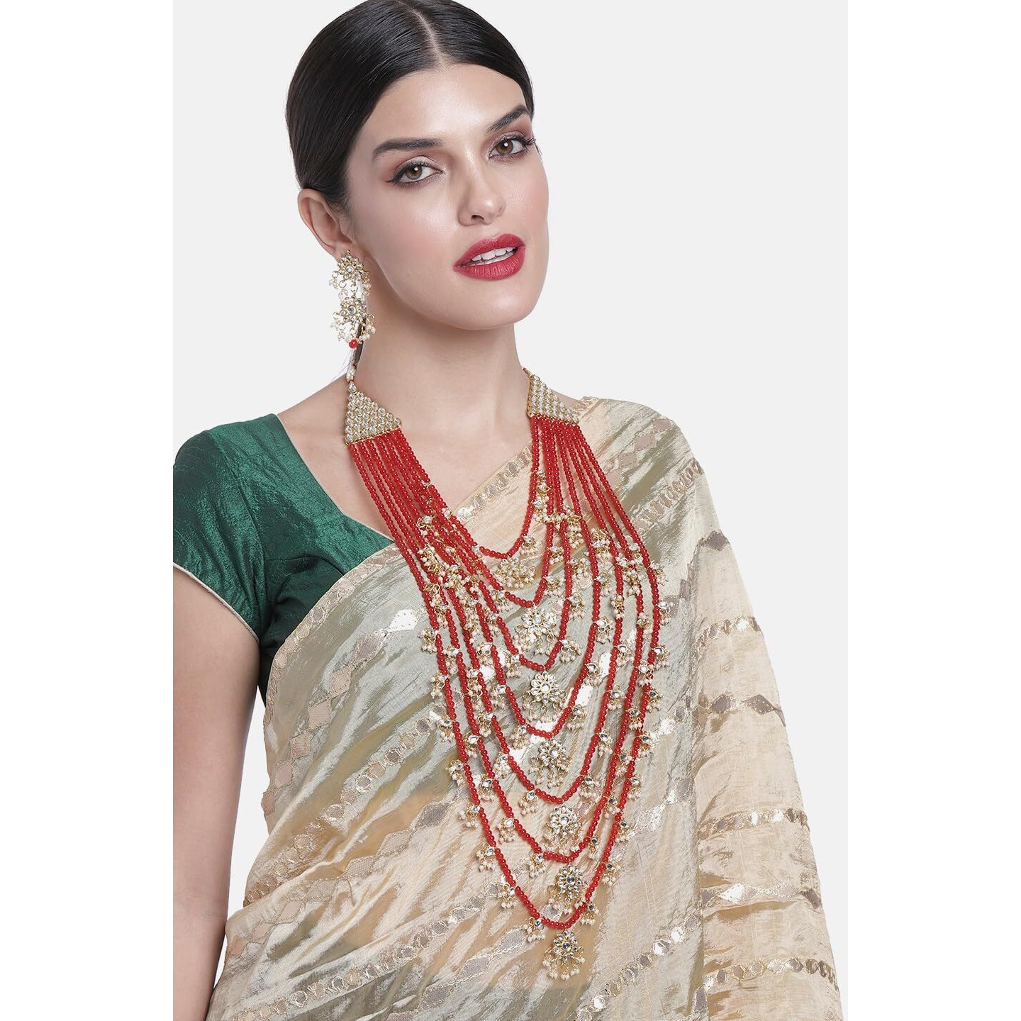 Peora Traditional Jewellery Red Floral Multi Layered Necklace Earrings Jewellery Set For Women Girls