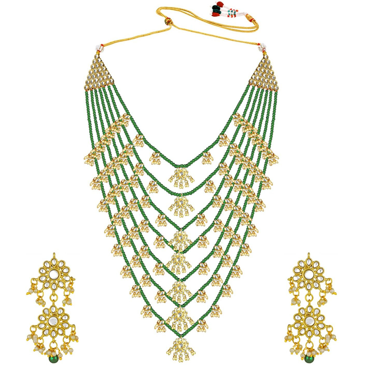 Peora Traditional Jewellery Green Floral Multi Layered Necklace Earrings Jewellery Set For Women Girls