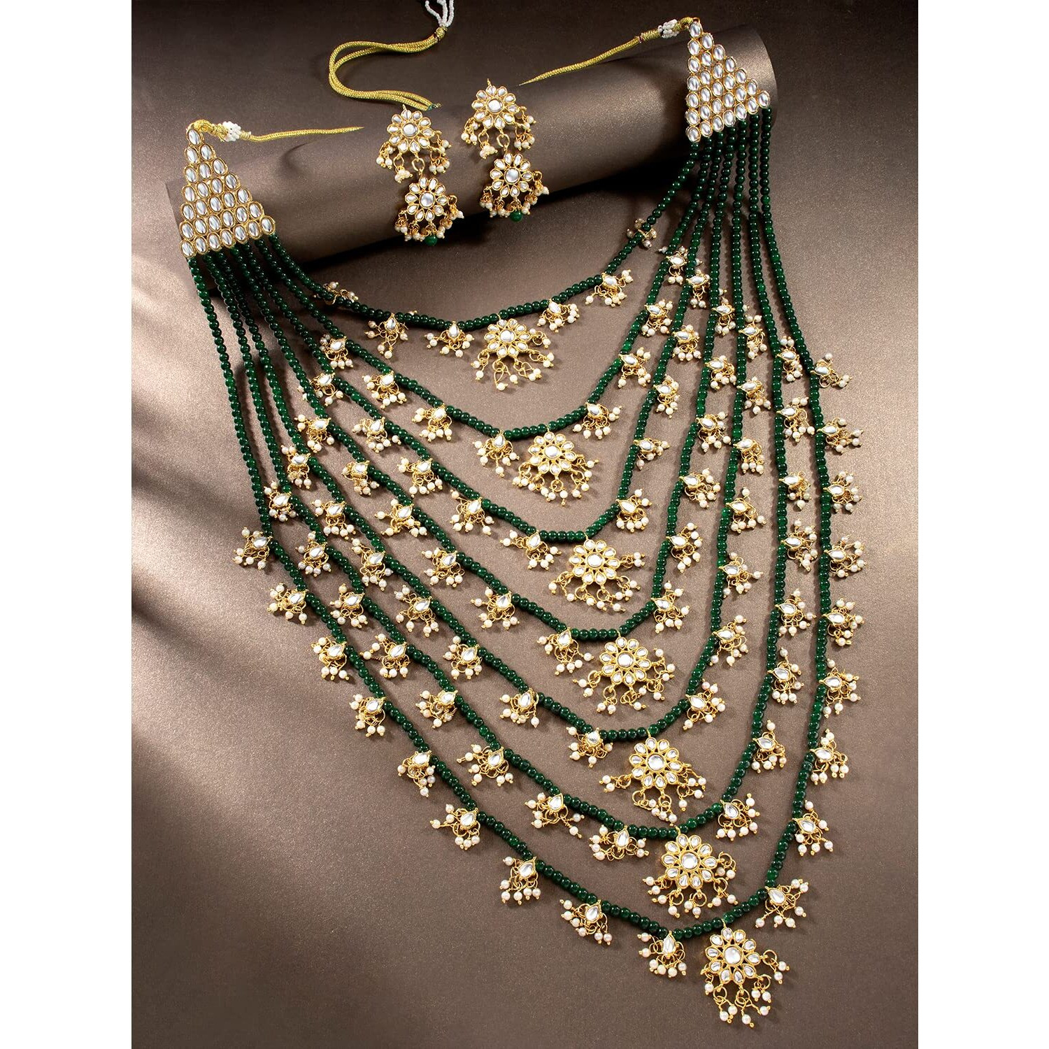 Peora Traditional Jewellery Green Floral Multi Layered Necklace Earrings Jewellery Set For Women Girls