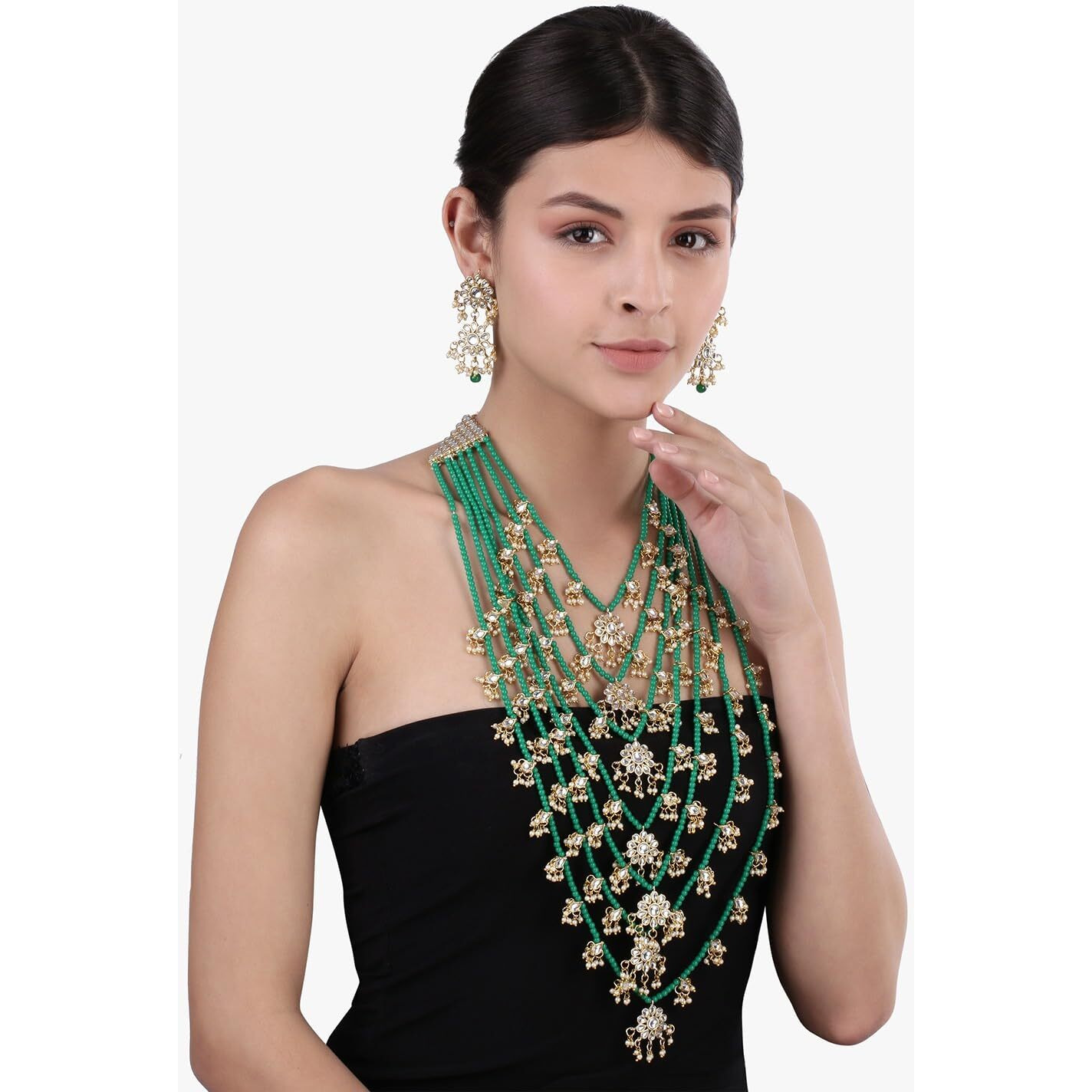 Peora Traditional Jewellery Green Floral Multi Layered Necklace Earrings Jewellery Set For Women Girls