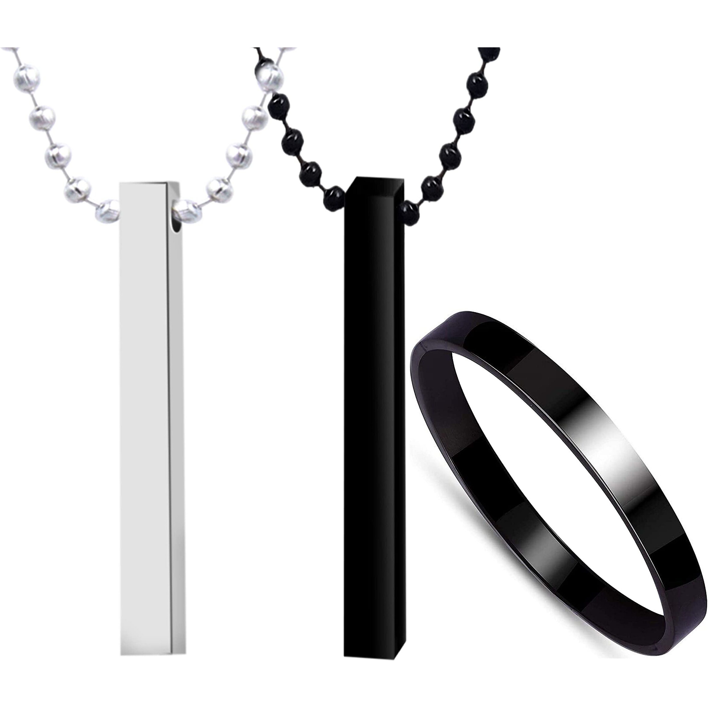 Fashion Frill Silver Chain For Men Bar Pendant Mens Jewellery Locket Pendant Stainless Steel Black Kada Bracelet For Men Boys Stylish Chains Jewellery Set Combo of 3