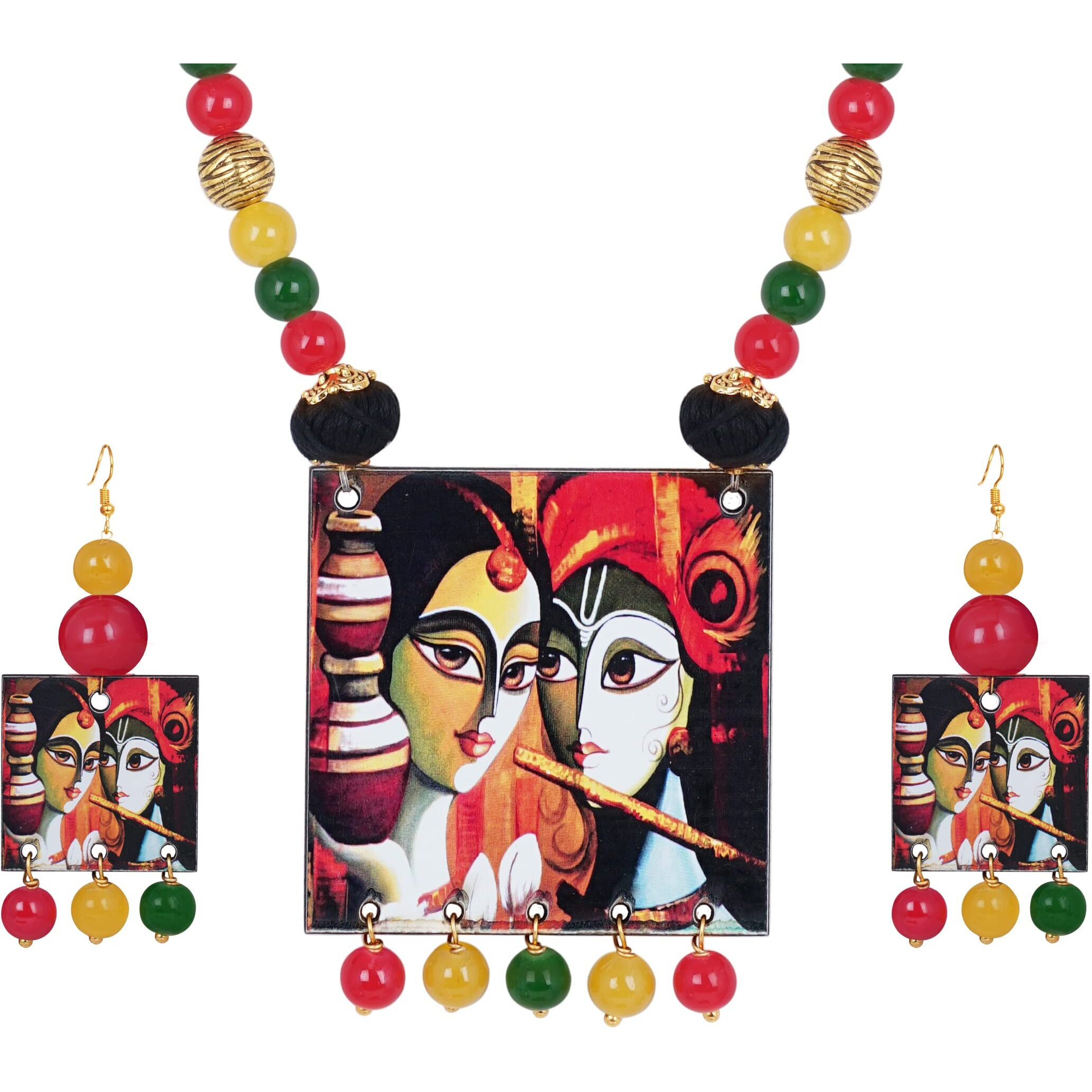JFL - Jewellery for Less Handcrafted Radha Krishna Painting Print Beaded Designer Necklace Set for Women and Girls (Red, Green & Yellow),Valentine