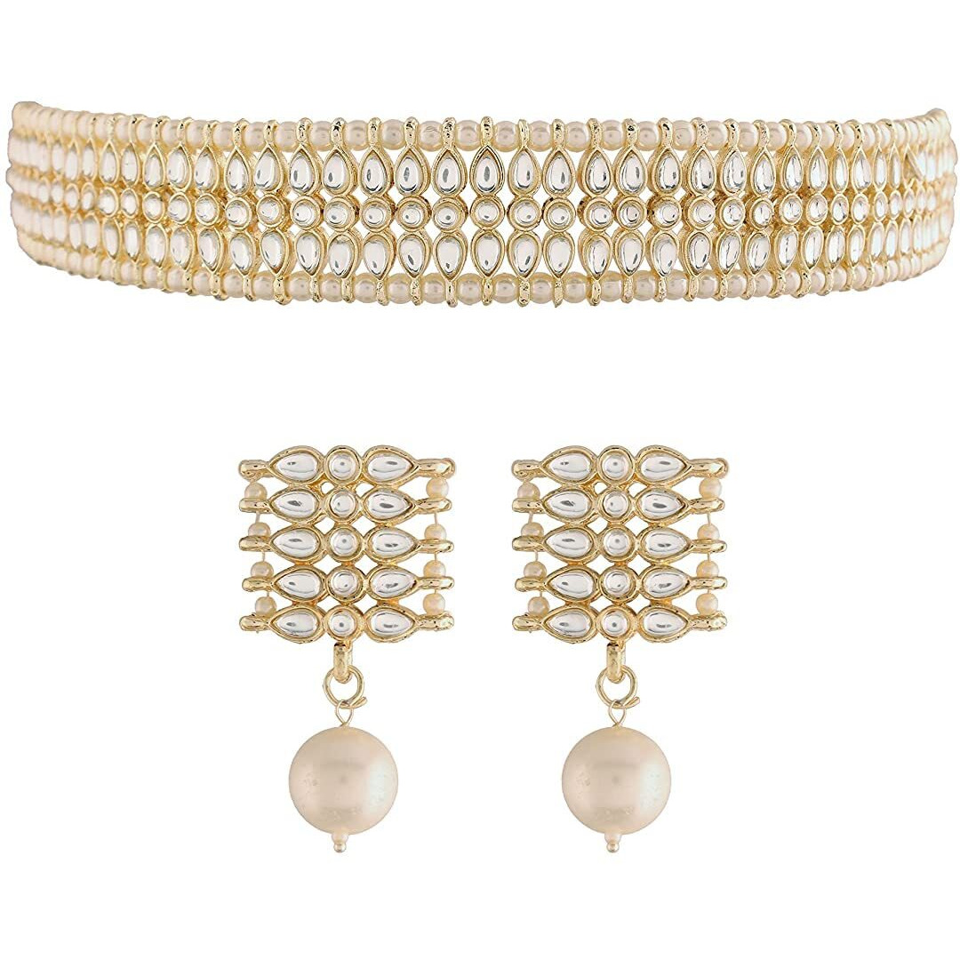 I Jewels Gold Plated Traditional Kundan Pearl Choker Necklace Jewellery Set For Women And Girls (K7209) (White)