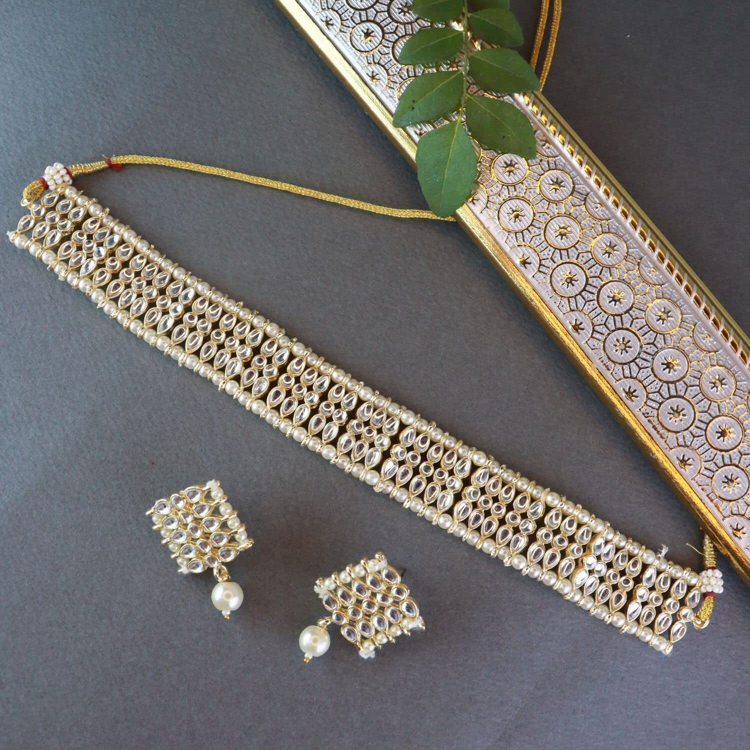 I Jewels Gold Plated Traditional Kundan Pearl Choker Necklace Jewellery Set For Women And Girls (K7209) (White)