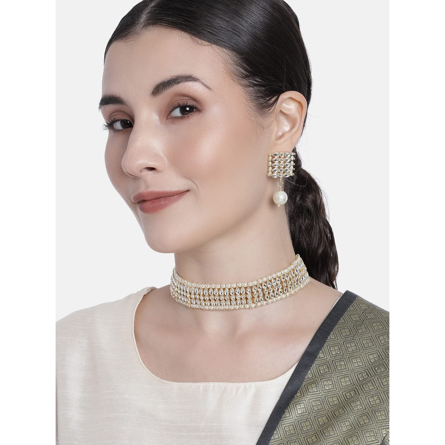I Jewels Gold Plated Traditional Kundan Pearl Choker Necklace Jewellery Set For Women And Girls (K7209) (White)