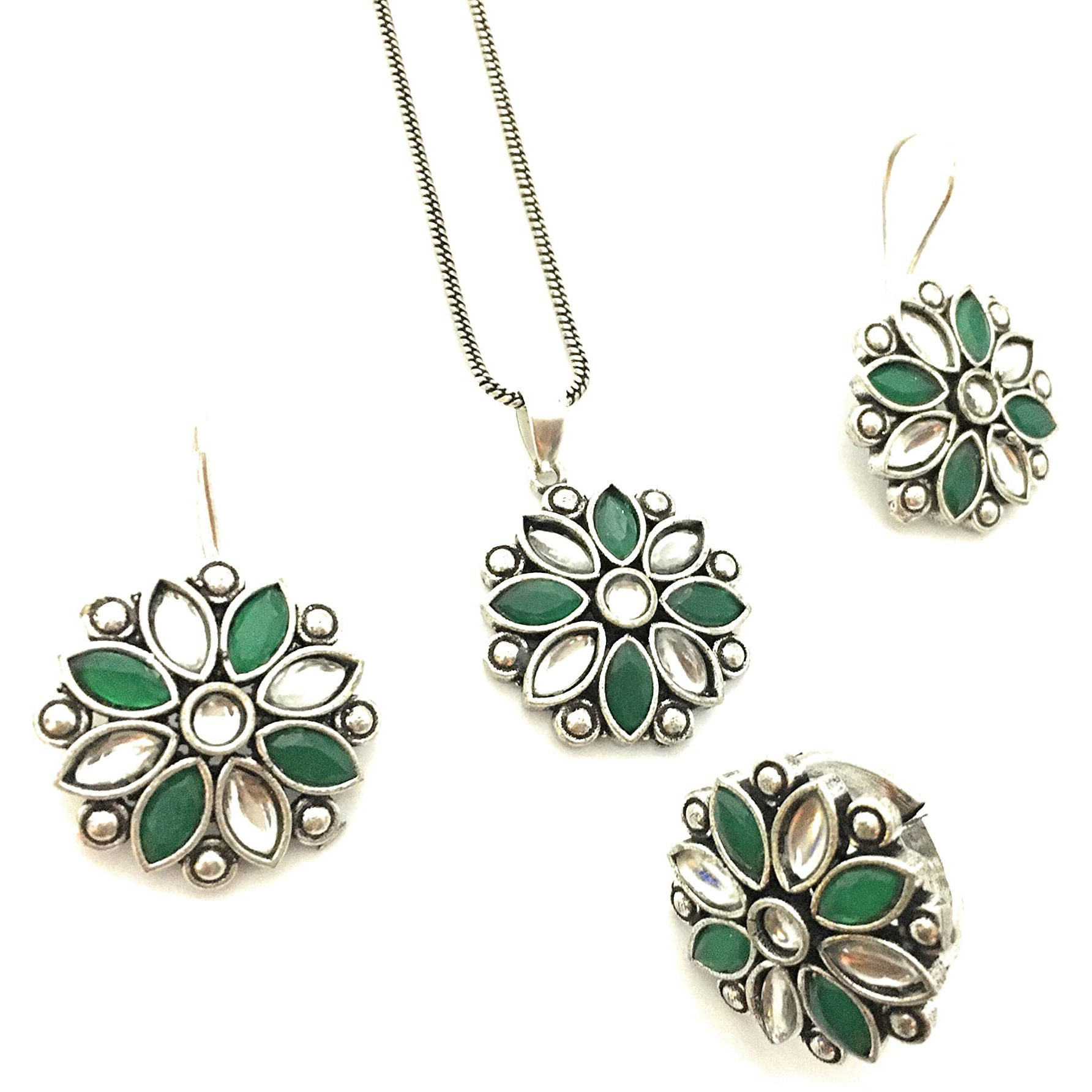 Sasitrends German Silver Stone Studded Oxidized Jewellery Set for Women & Girls