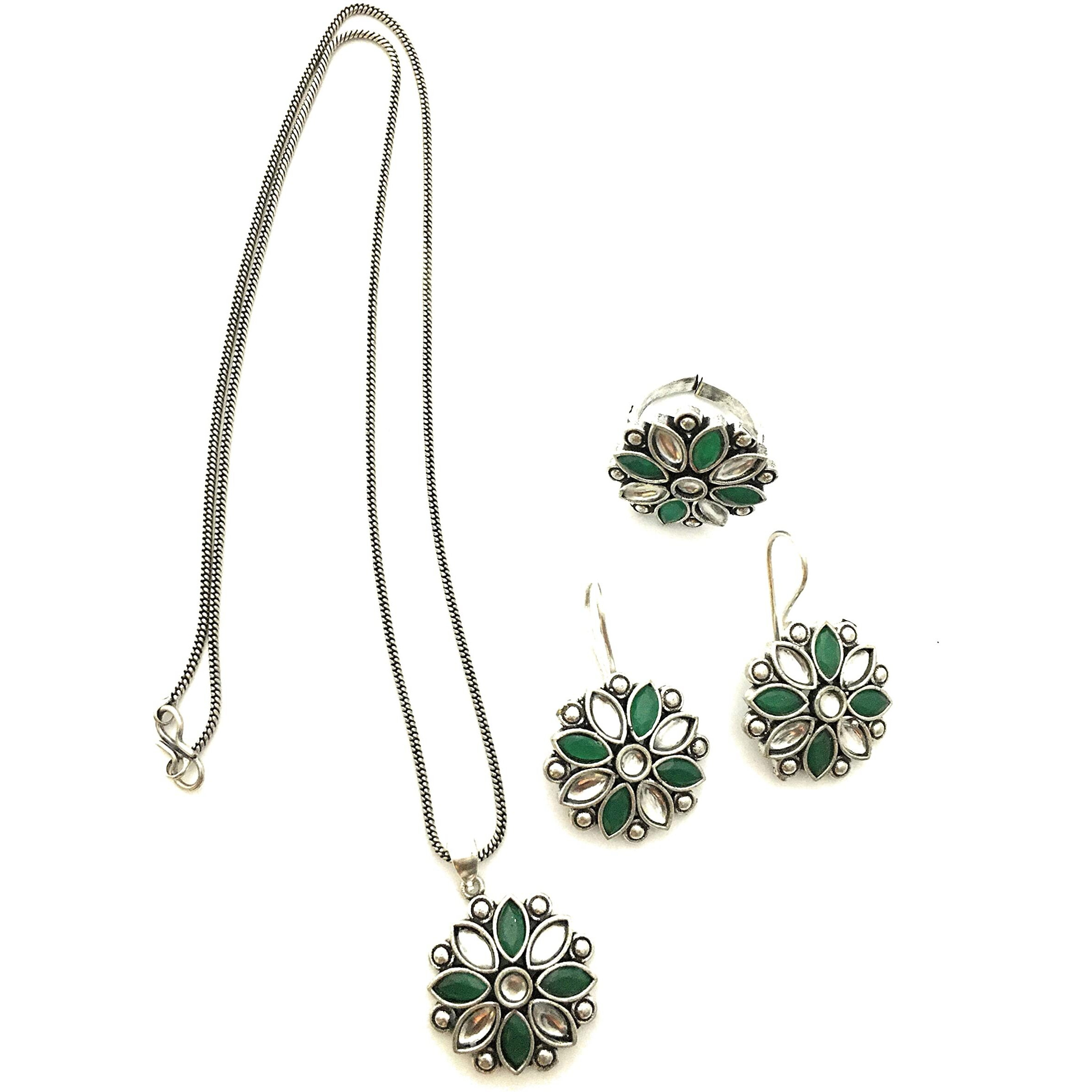 Sasitrends German Silver Stone Studded Oxidized Jewellery Set for Women & Girls