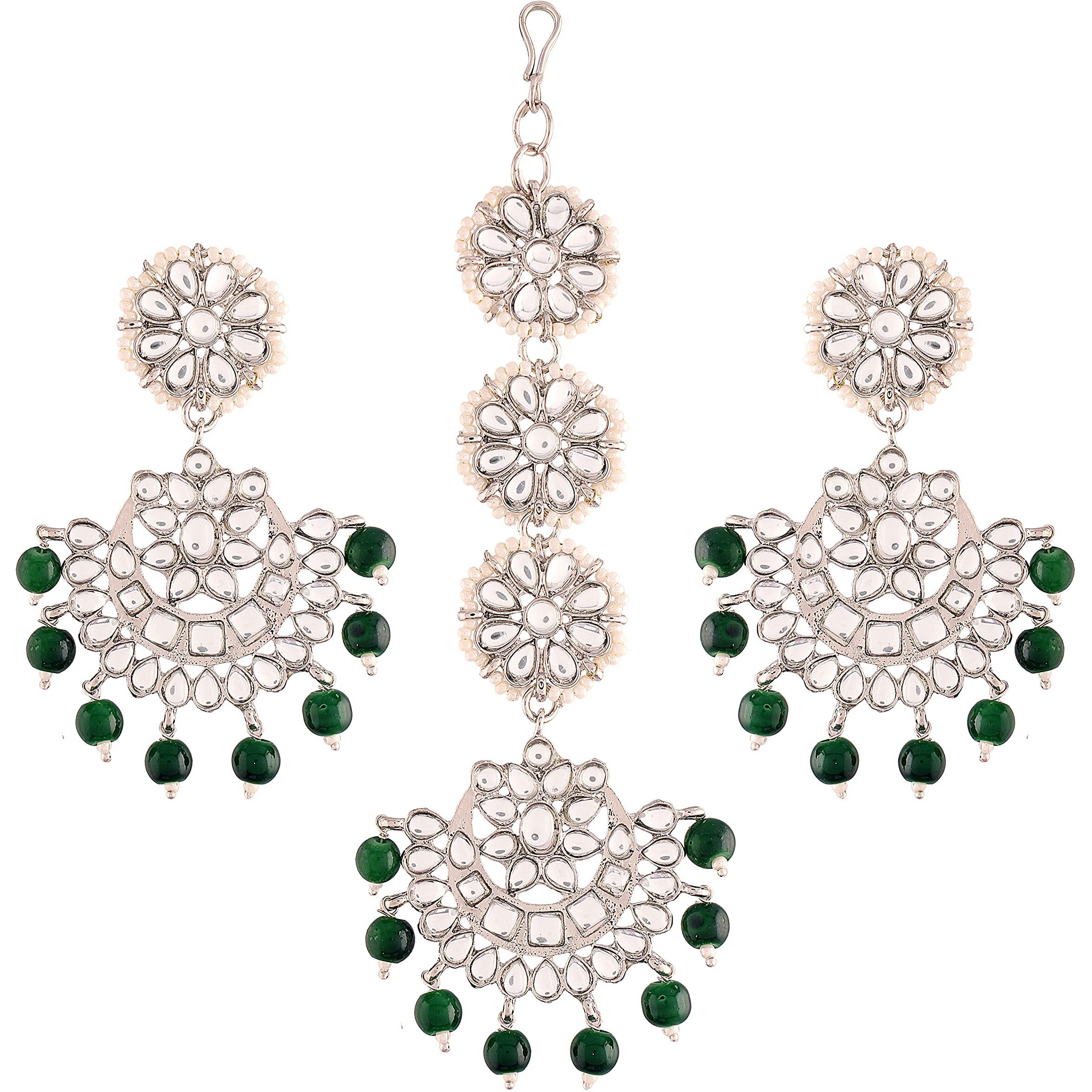 I Jewels Rhodium Plated With Stunning Matte Finish Traditional Kundan & Faux Pearl Chandbali Earrings With Maang Tikka Set (Te2911Zg, Womens)