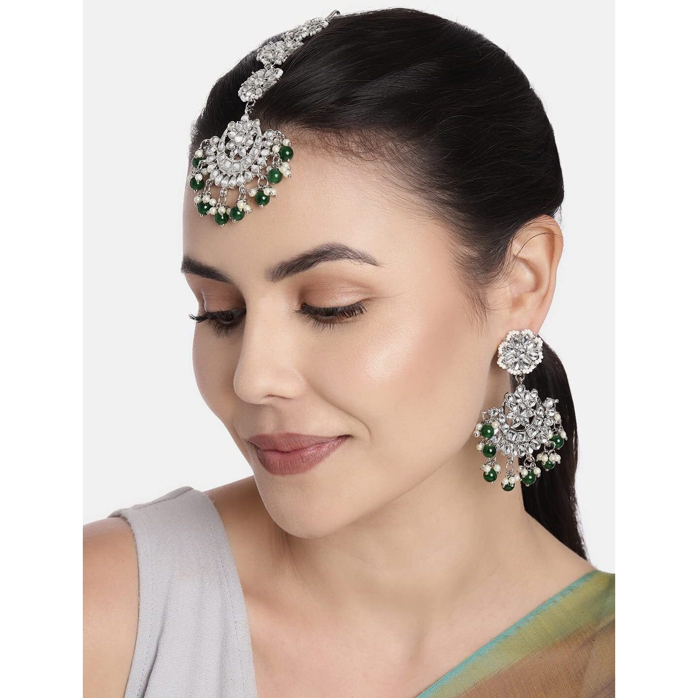 I Jewels Rhodium Plated With Stunning Matte Finish Traditional Kundan & Faux Pearl Chandbali Earrings With Maang Tikka Set (Te2911Zg, Womens)