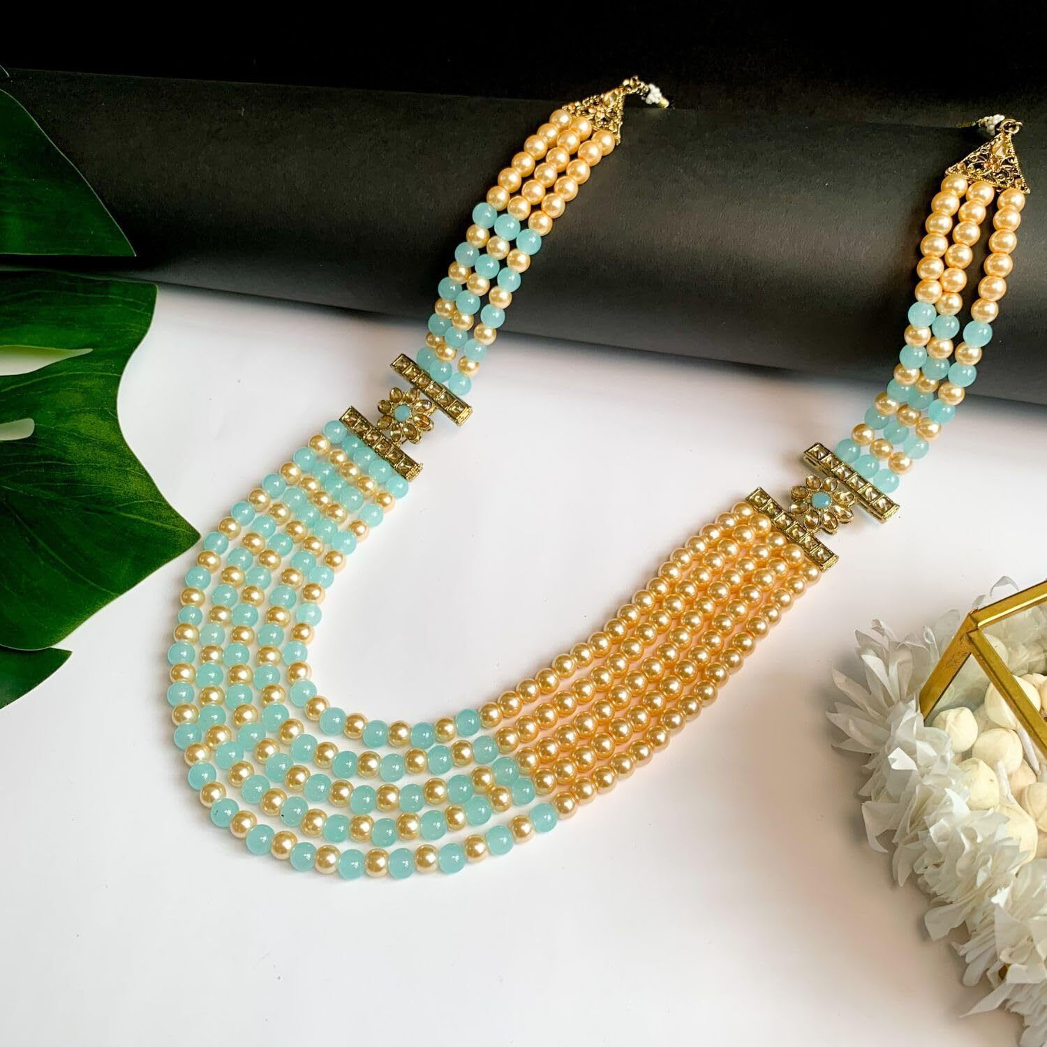 I Jewels 5 Layered Traditional Gold Plated Dulha Moti Mala with Beaded Maharaja Haar/Groom Necklace For Men (MLP31Sb)