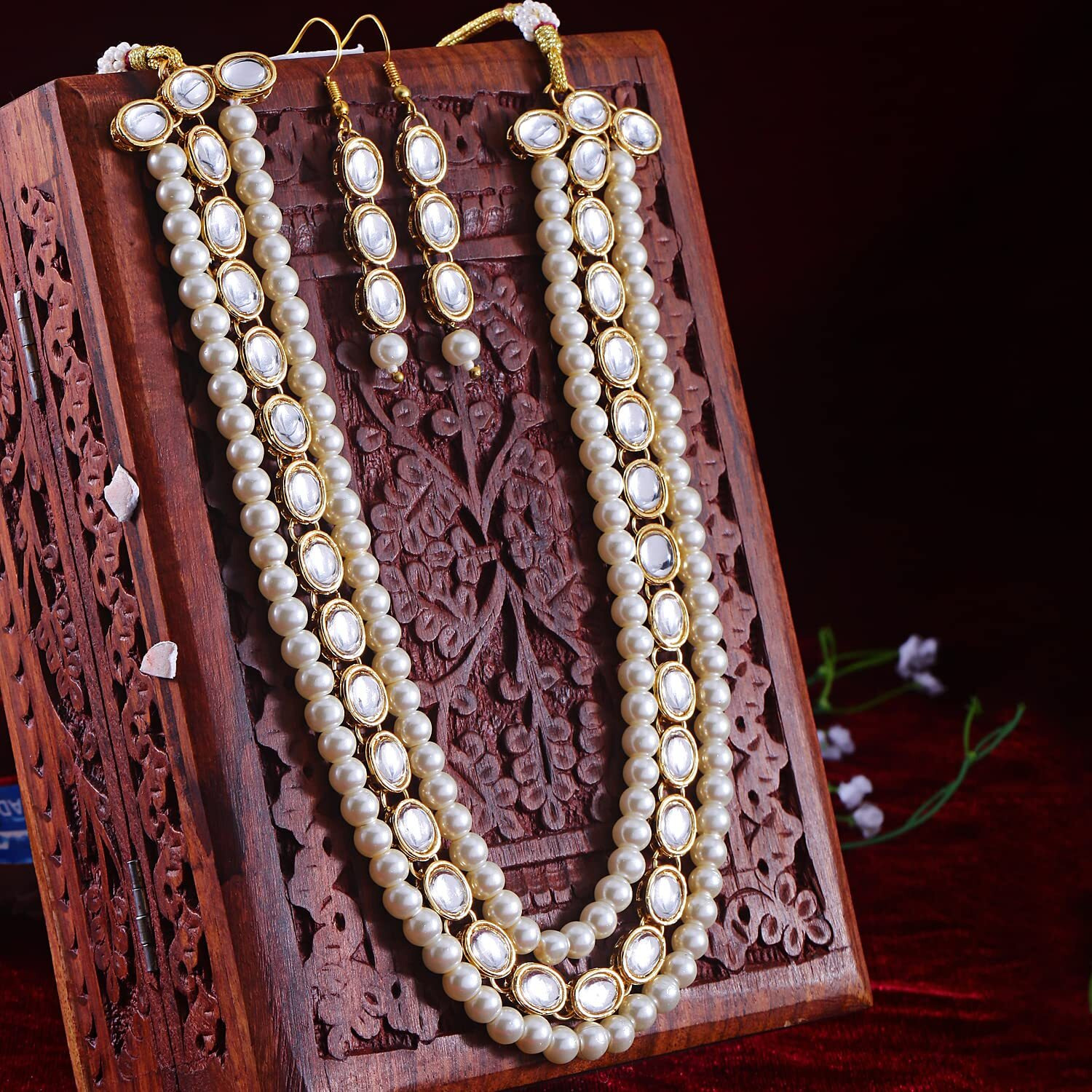 Shining Diva Fashion Latest Stylish Fancy Long Traditional Pearl Kundan Necklace Jewellery Set for Women (12695s), White, One