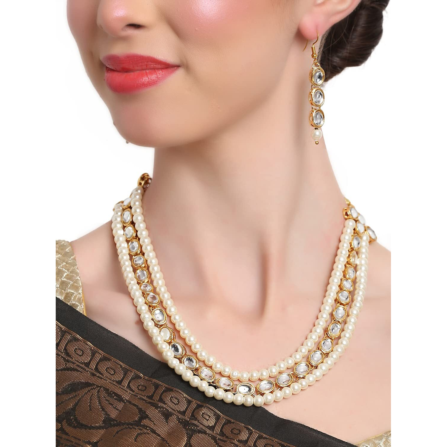 Shining Diva Fashion Latest Stylish Fancy Long Traditional Pearl Kundan Necklace Jewellery Set for Women (12695s), White, One