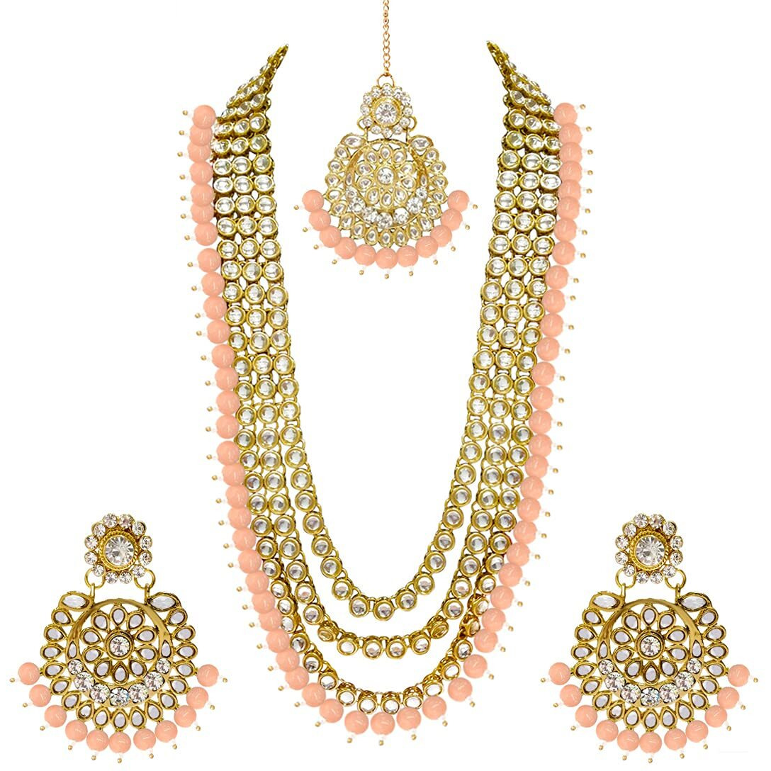 Peora Peach Gold Plated Kundan Studded Long Necklace Set with Maang Tikka & Earrings for Women Traditional Jewellery