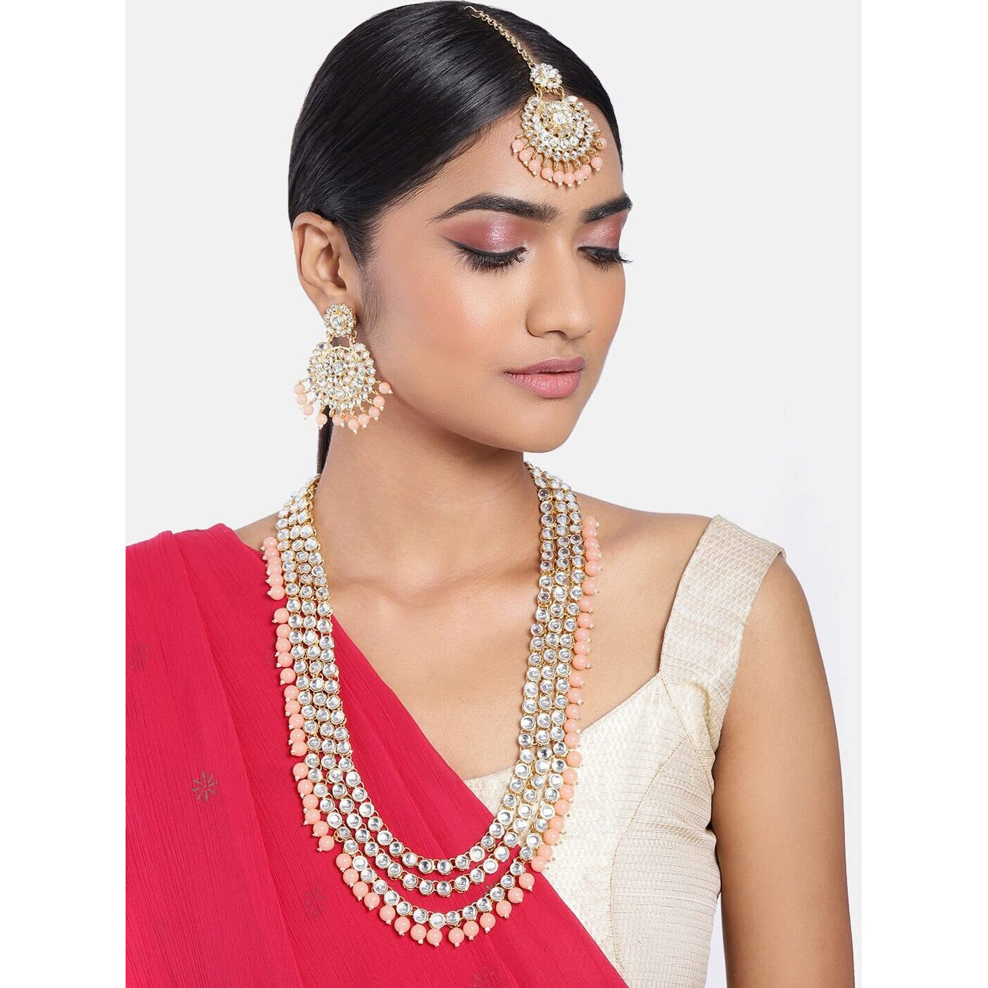 Peora Peach Gold Plated Kundan Studded Long Necklace Set with Maang Tikka & Earrings for Women Traditional Jewellery