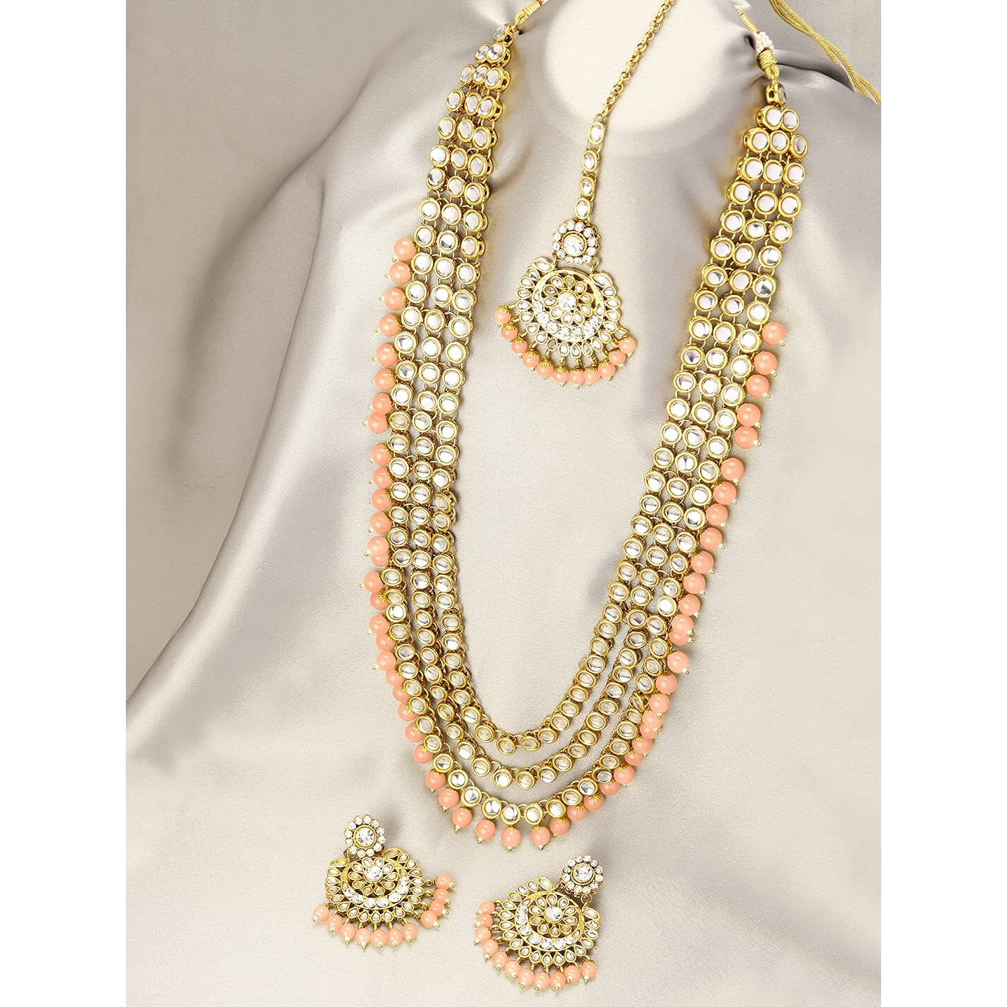 Peora Peach Gold Plated Kundan Studded Long Necklace Set with Maang Tikka & Earrings for Women Traditional Jewellery