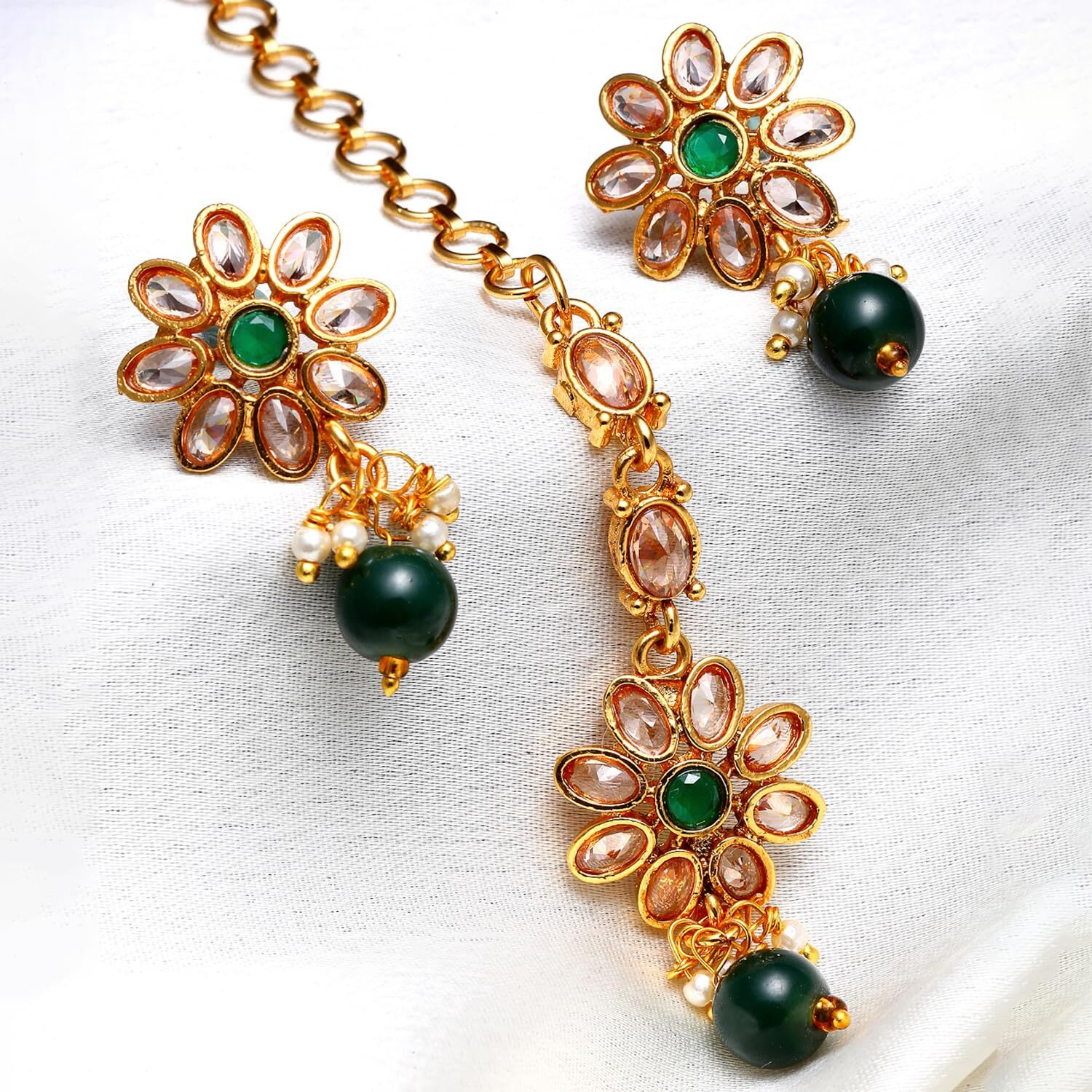 ZENEME Maang Tikka With Earrings Set Flower Shaped Gold Plated Jewellery For Women and Girls (Gold Green)