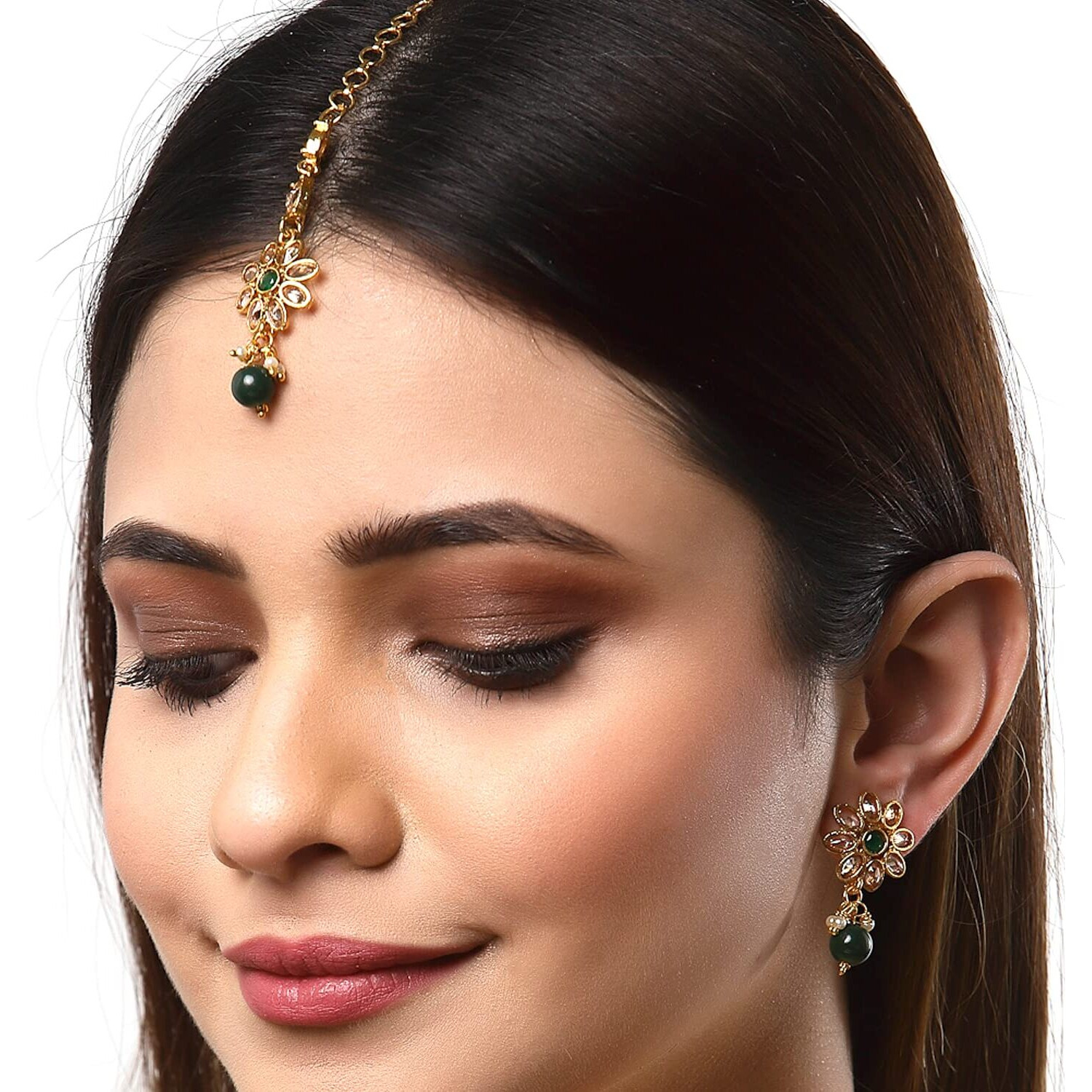 ZENEME Maang Tikka With Earrings Set Flower Shaped Gold Plated Jewellery For Women and Girls (Gold Green)