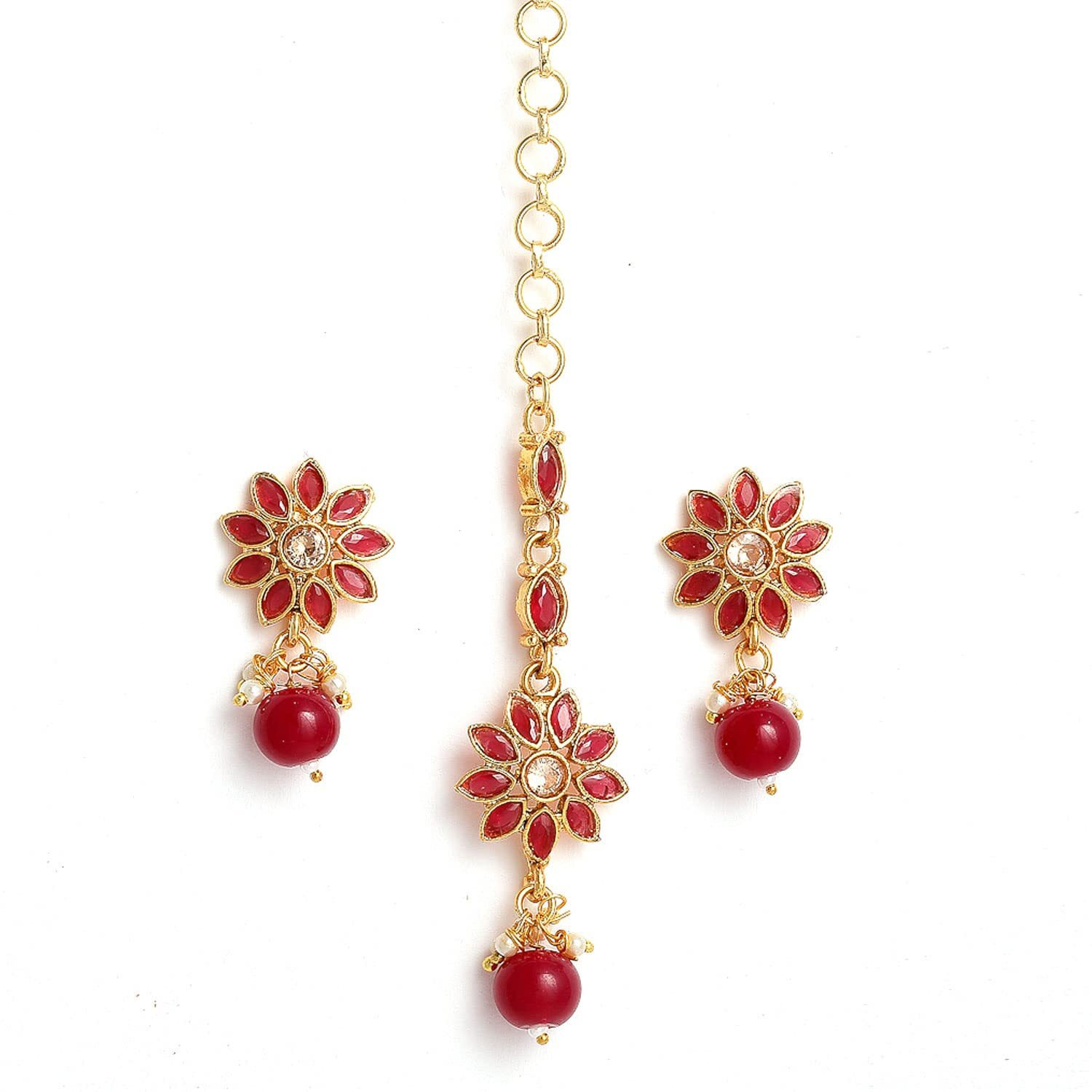 ZENEME Maang Tikka With Earrings Set Flower Shaped Gold Plated Jewellery For Women and Girls (Gold Red)