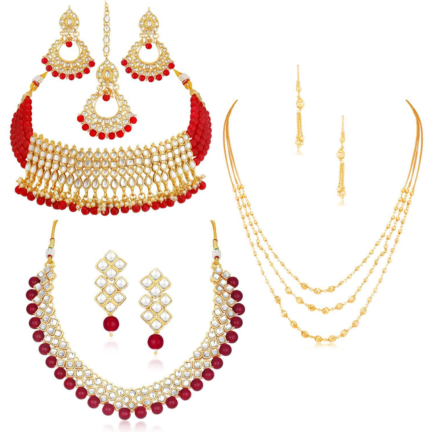 Sukkhi Sensational Pearl Gold Plated Kundan Set of 3 Necklace Combo for Women (SKR48722)