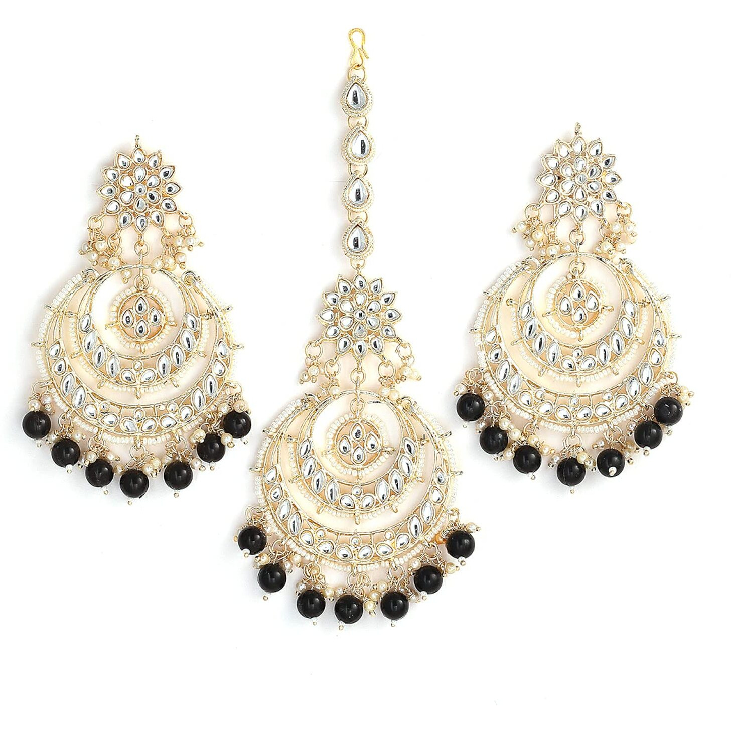 ZENEME Traditional Gold Plated Big Chandbali Kundan & Pearl Earring Set With Maang Tikka for Women (Black)
