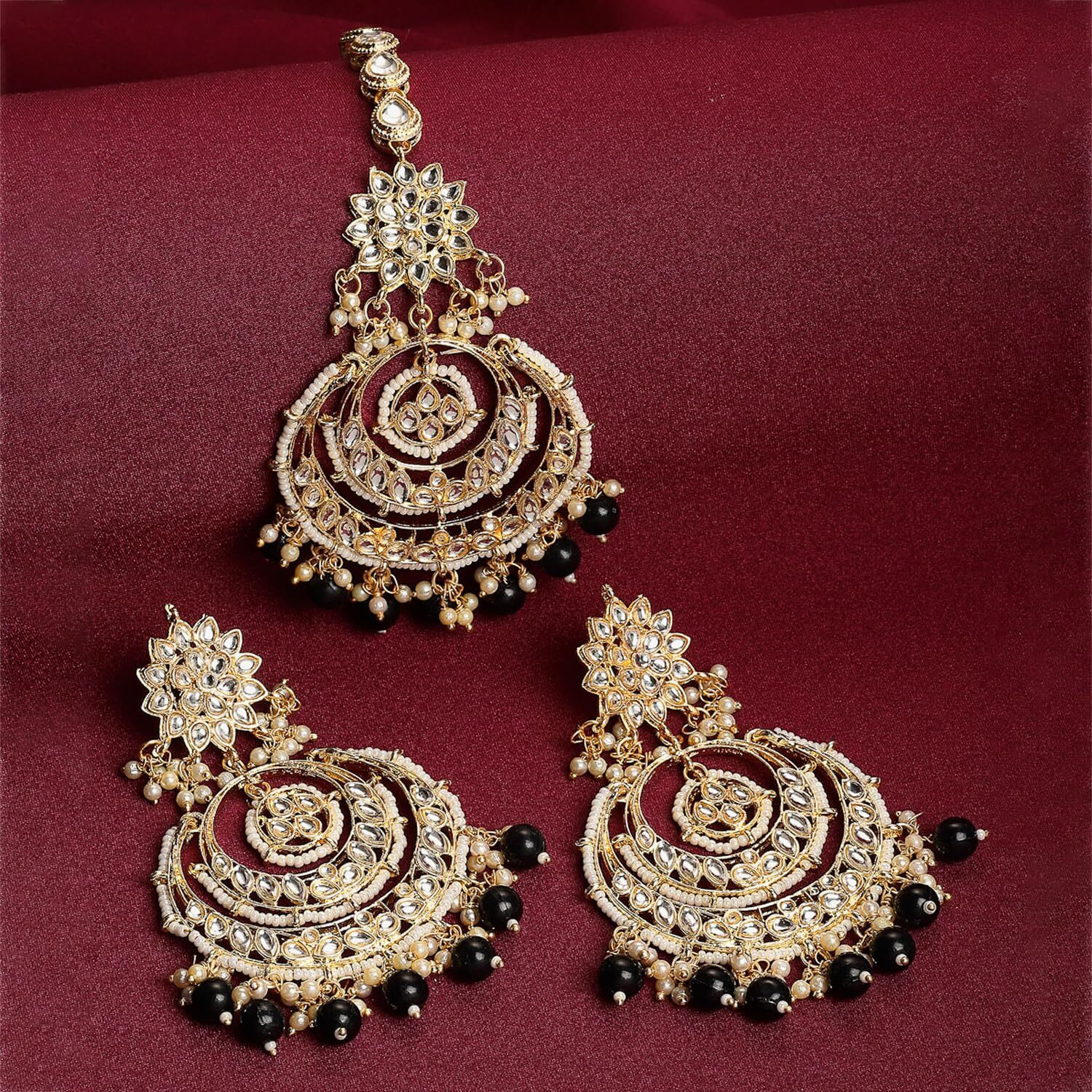 ZENEME Traditional Gold Plated Big Chandbali Kundan & Pearl Earring Set With Maang Tikka for Women (Black)