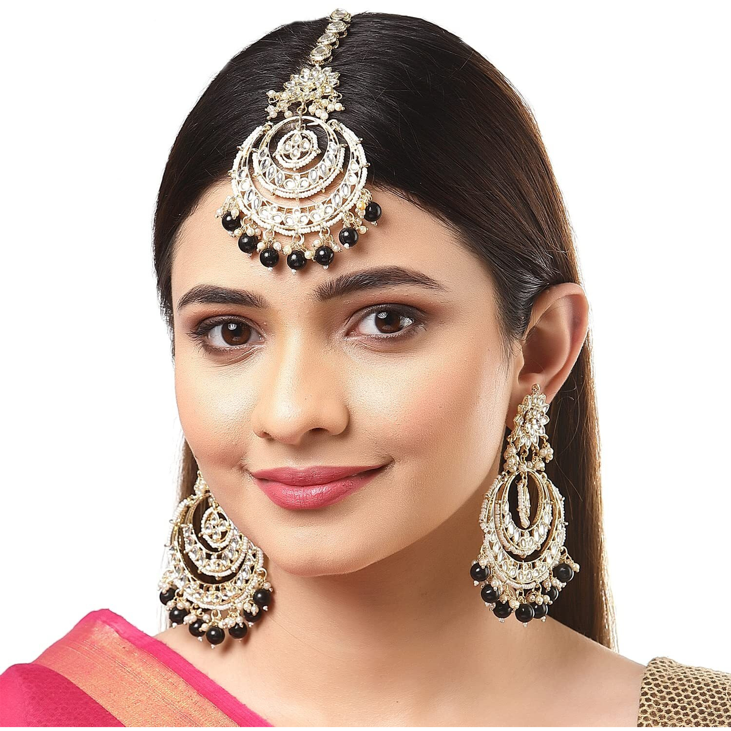 ZENEME Traditional Gold Plated Big Chandbali Kundan & Pearl Earring Set With Maang Tikka for Women (Black)