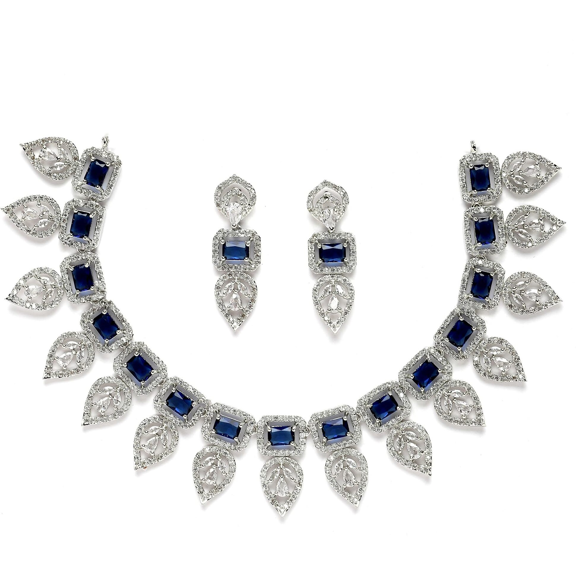ZENEME Jewellery Set Leaf Style AD/American Diamond Rectangle Shaped Studded Rose Gold Plated Handcrafted Circle Necklace Set for Women & Girls (Blue)
