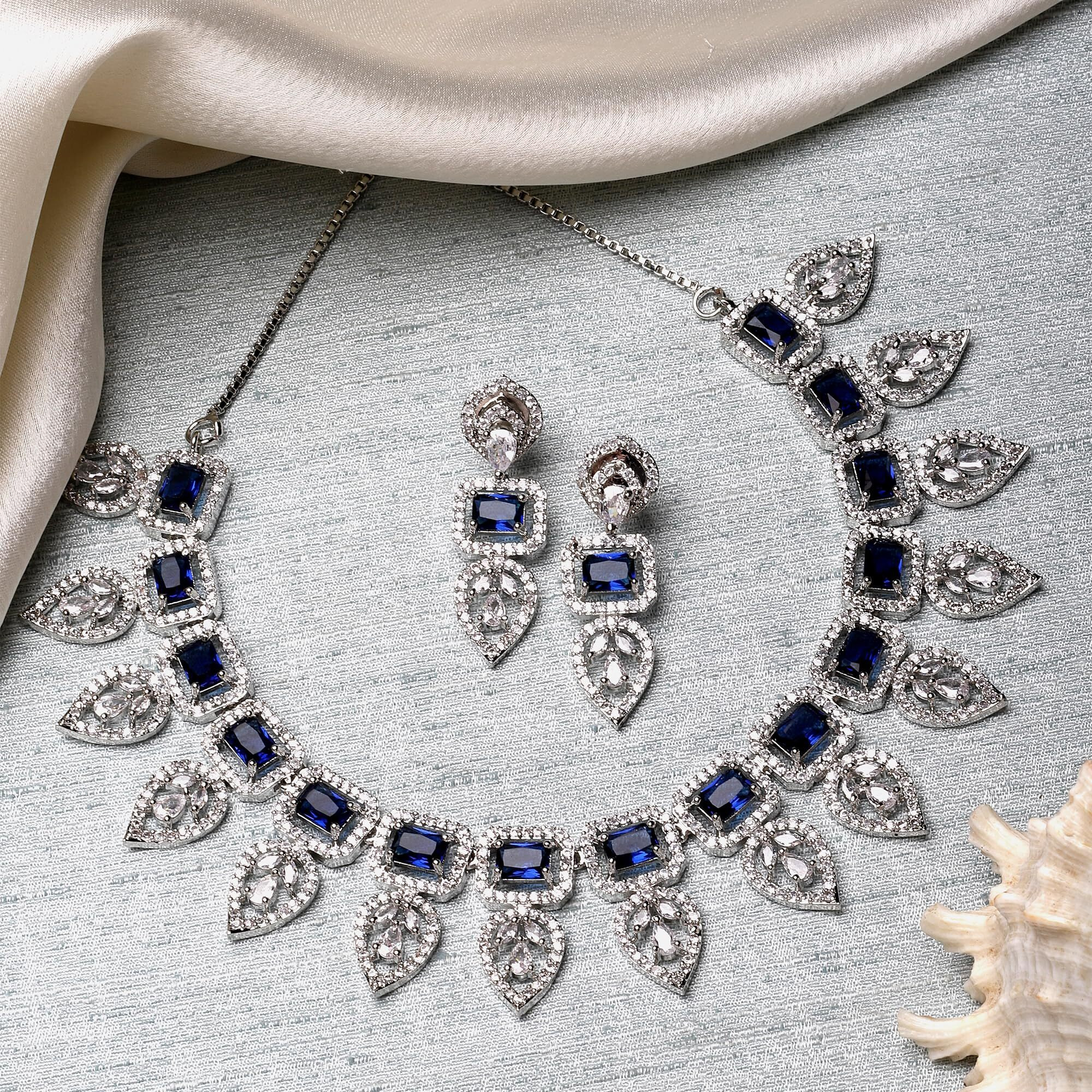 ZENEME Jewellery Set Leaf Style AD/American Diamond Rectangle Shaped Studded Rose Gold Plated Handcrafted Circle Necklace Set for Women & Girls (Blue)