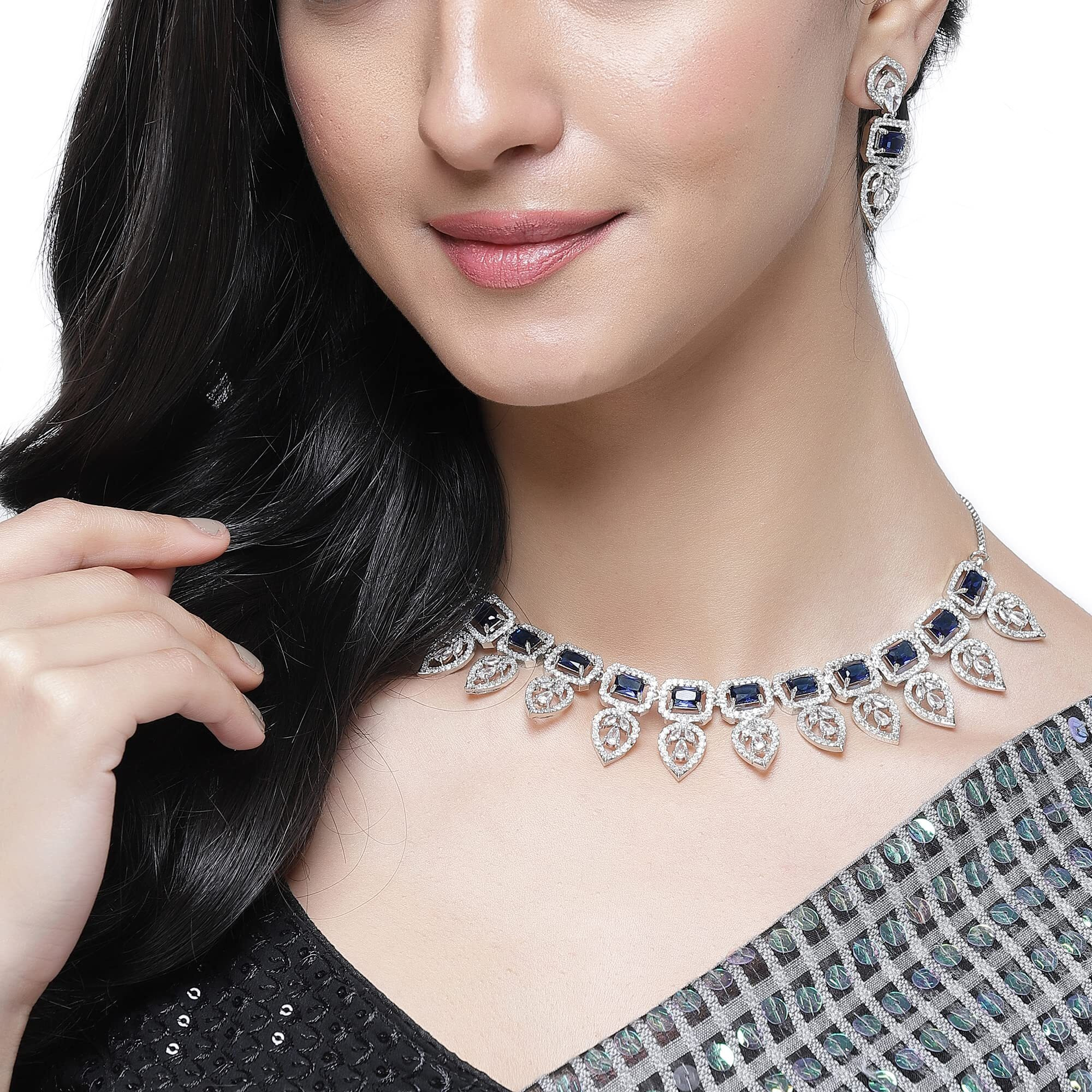 ZENEME Jewellery Set Leaf Style AD/American Diamond Rectangle Shaped Studded Rose Gold Plated Handcrafted Circle Necklace Set for Women & Girls (Blue)