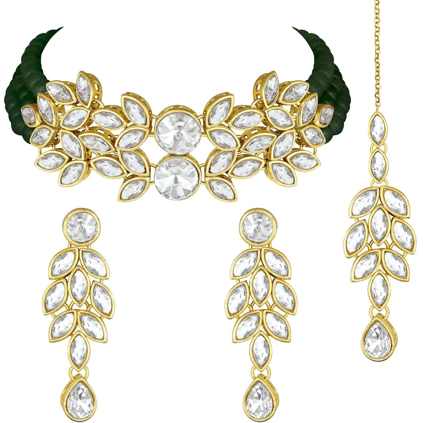 Peora Gold Plated Crystals Studded Choker Necklace Earrings & Maang Tikka Set Ethnic Jewellery for Girls & Women (Blue)