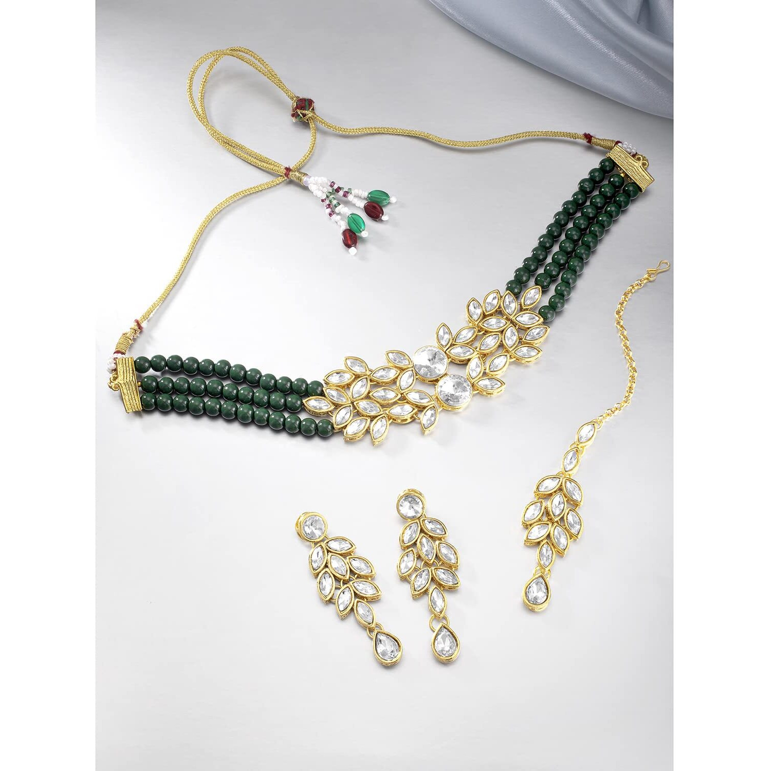 Peora Gold Plated Crystals Studded Choker Necklace Earrings & Maang Tikka Set Ethnic Jewellery for Girls & Women (Blue)