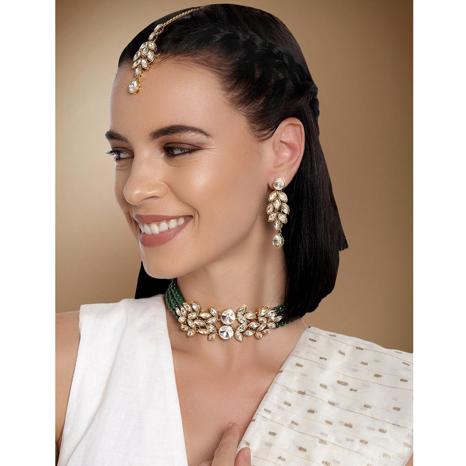 Peora Gold Plated Crystals Studded Choker Necklace Earrings & Maang Tikka Set Ethnic Jewellery for Girls & Women (Blue)