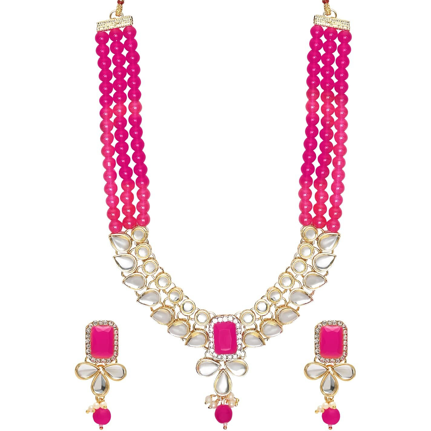 I Jewels 18K Gold Plated Traditional White Kundan Studded Multi Layered Pearl Necklace Jewellery Set with Dangle Earrings for Women And Girls (IJ354Q)