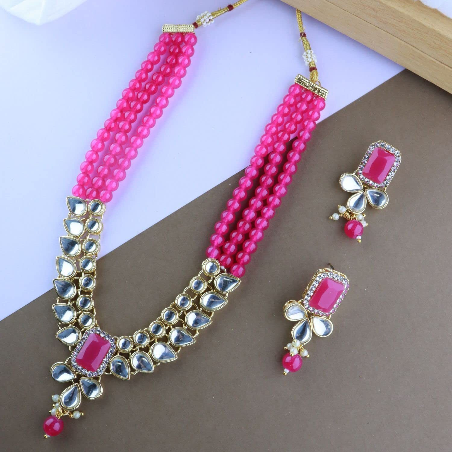 I Jewels 18K Gold Plated Traditional White Kundan Studded Multi Layered Pearl Necklace Jewellery Set with Dangle Earrings for Women And Girls (IJ354Q)