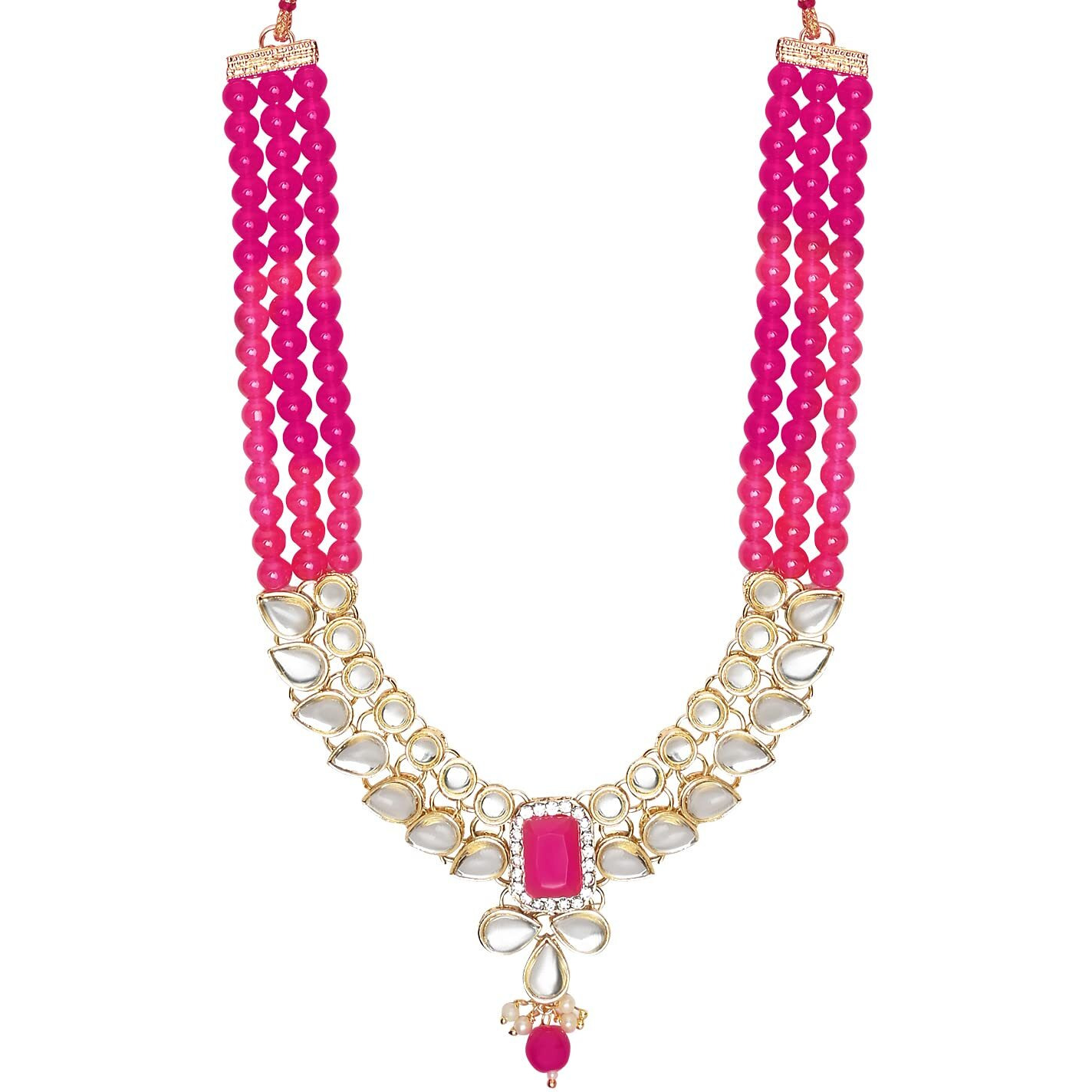 I Jewels 18K Gold Plated Traditional White Kundan Studded Multi Layered Pearl Necklace Jewellery Set with Dangle Earrings for Women And Girls (IJ354Q)