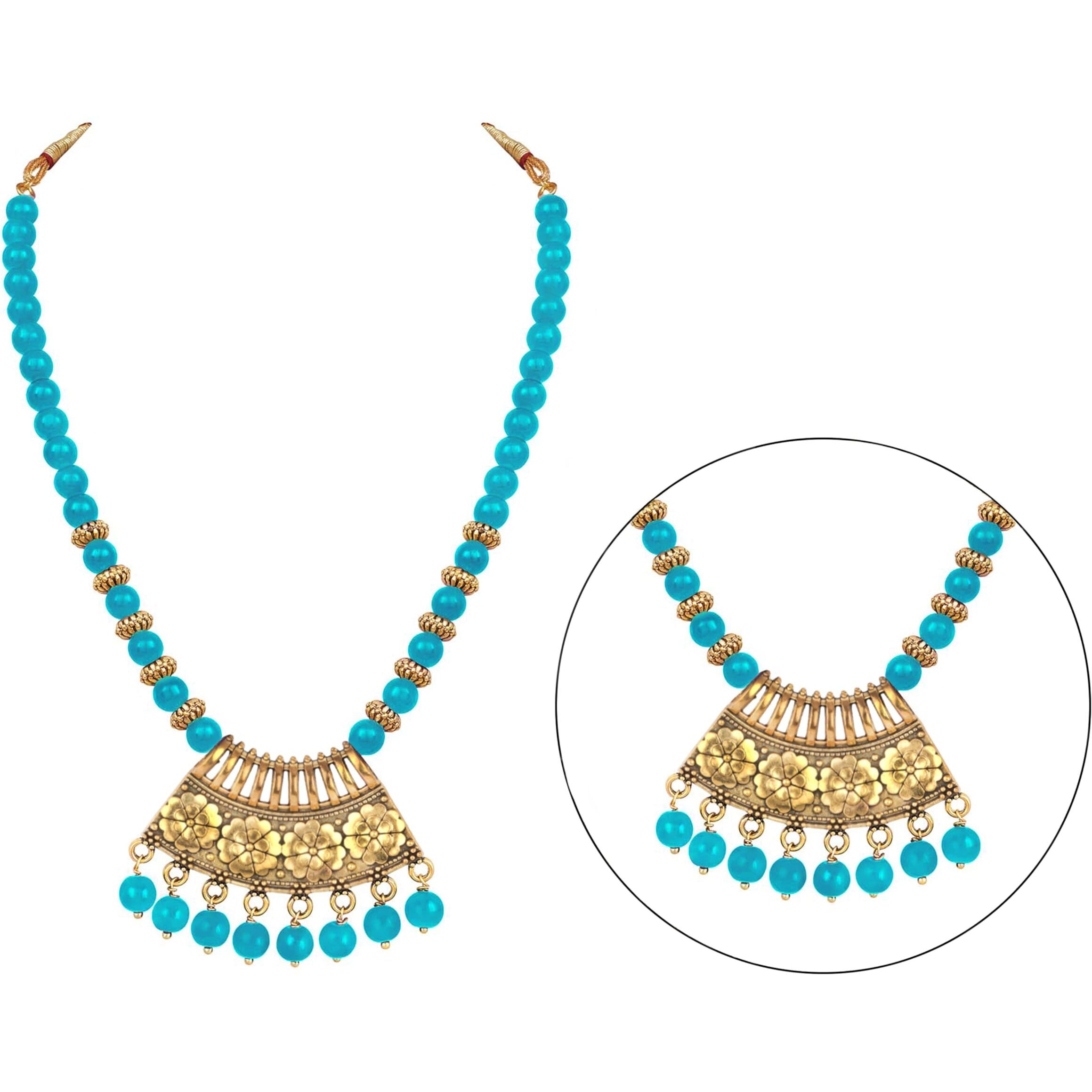 JFL - Jewellery for Less Stylish Gold Plated Antique Semi-Circle Pendant Beaded Tribal Necklace Set for Women and Girls (SKY Blue)