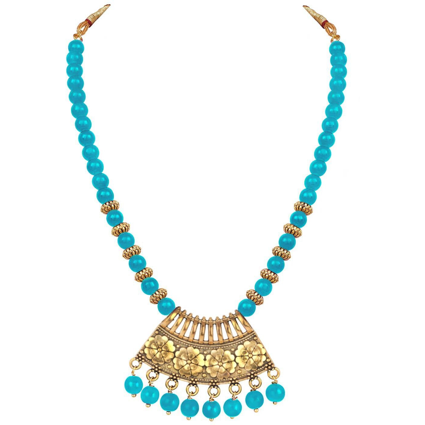JFL - Jewellery for Less Stylish Gold Plated Antique Semi-Circle Pendant Beaded Tribal Necklace Set for Women and Girls (SKY Blue)