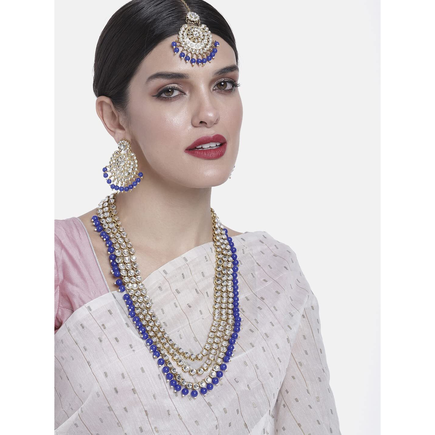 Peora Gold-plated Brass and Kundan Necklace Set With Mang Tika & Earrings for Women & Girls (Blue)