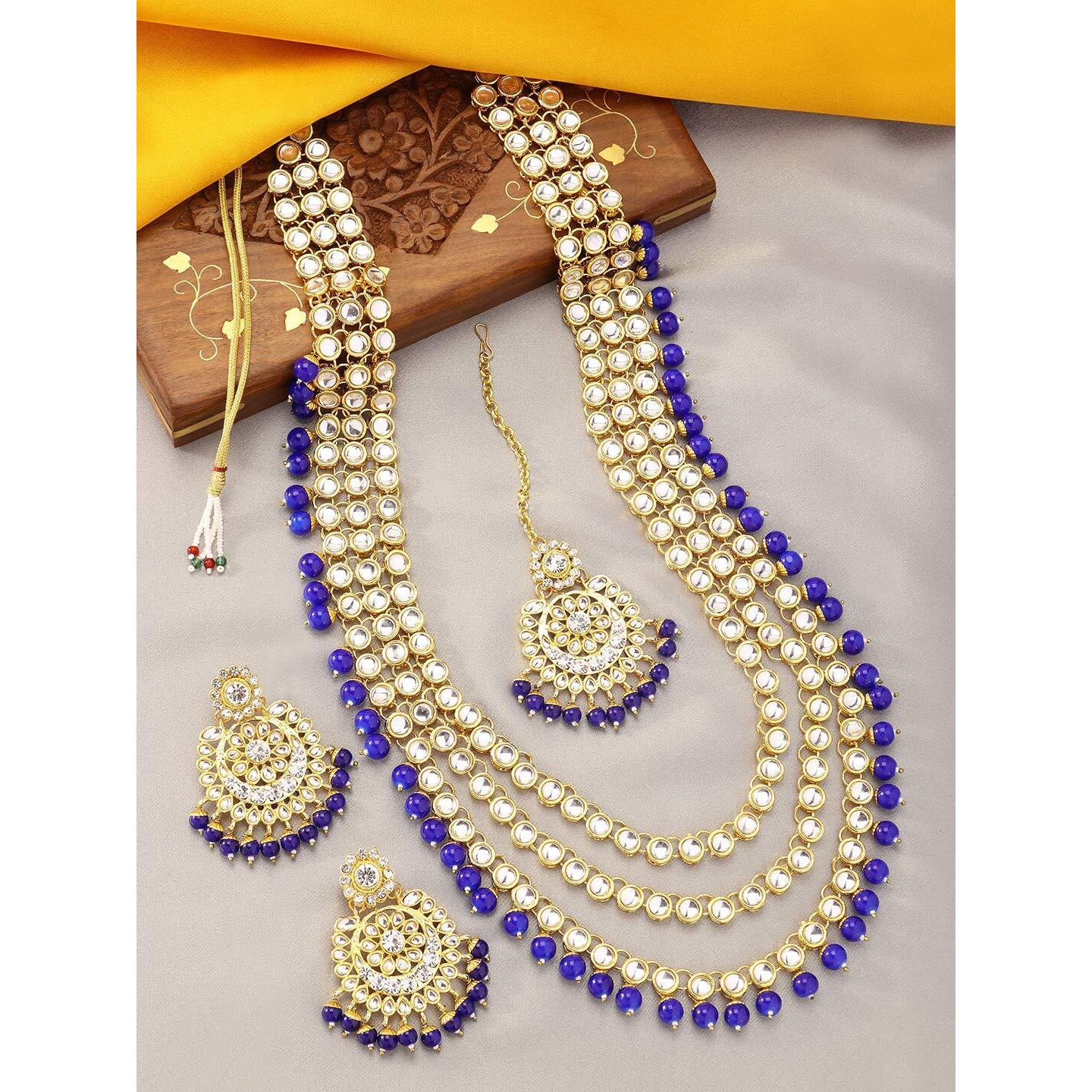 Peora Gold-plated Brass and Kundan Necklace Set With Mang Tika & Earrings for Women & Girls (Blue)