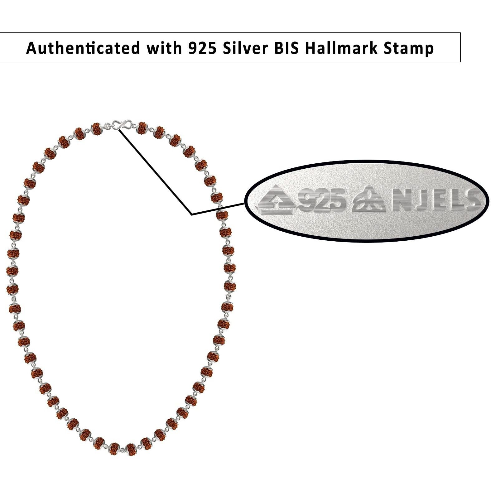 Njels 925 BIS Hallmark Silver Original Rudraksha Mala for Men | 5 Mukhi 6MM Size and 54 Rudraksha Beads | Gemmological Lab Certified Ruthratcham Malai for Men