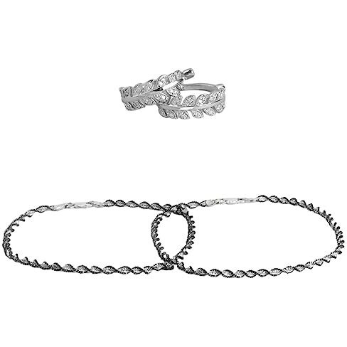 ZAVYA 925 Sterling Silver Jewelry Set Twisted Black Anklets (Pair) with Cubic Zircon Rhodium Plated Leaf Toe Rings|Gift for Women &Girls|With Authenticity Certificate & 925 Stamp| special