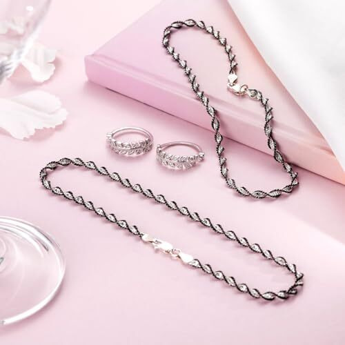 ZAVYA 925 Sterling Silver Jewelry Set Twisted Black Anklets (Pair) with Cubic Zircon Rhodium Plated Leaf Toe Rings|Gift for Women &Girls|With Authenticity Certificate & 925 Stamp| special