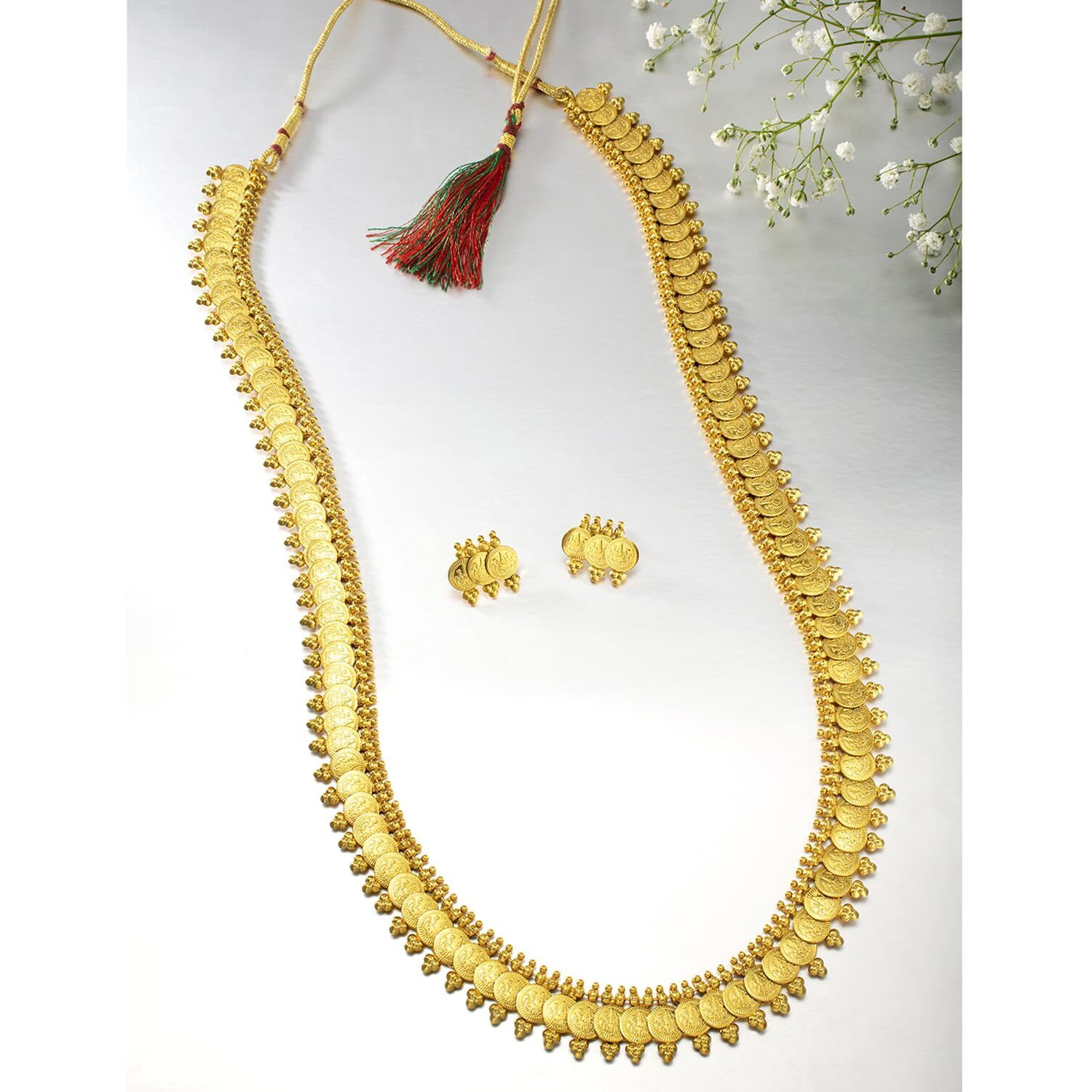 Peora Gold Plated South Indian Traditional Bridal Long Maharani Coin Necklace Earrings Jewellery Sets for Women Girls