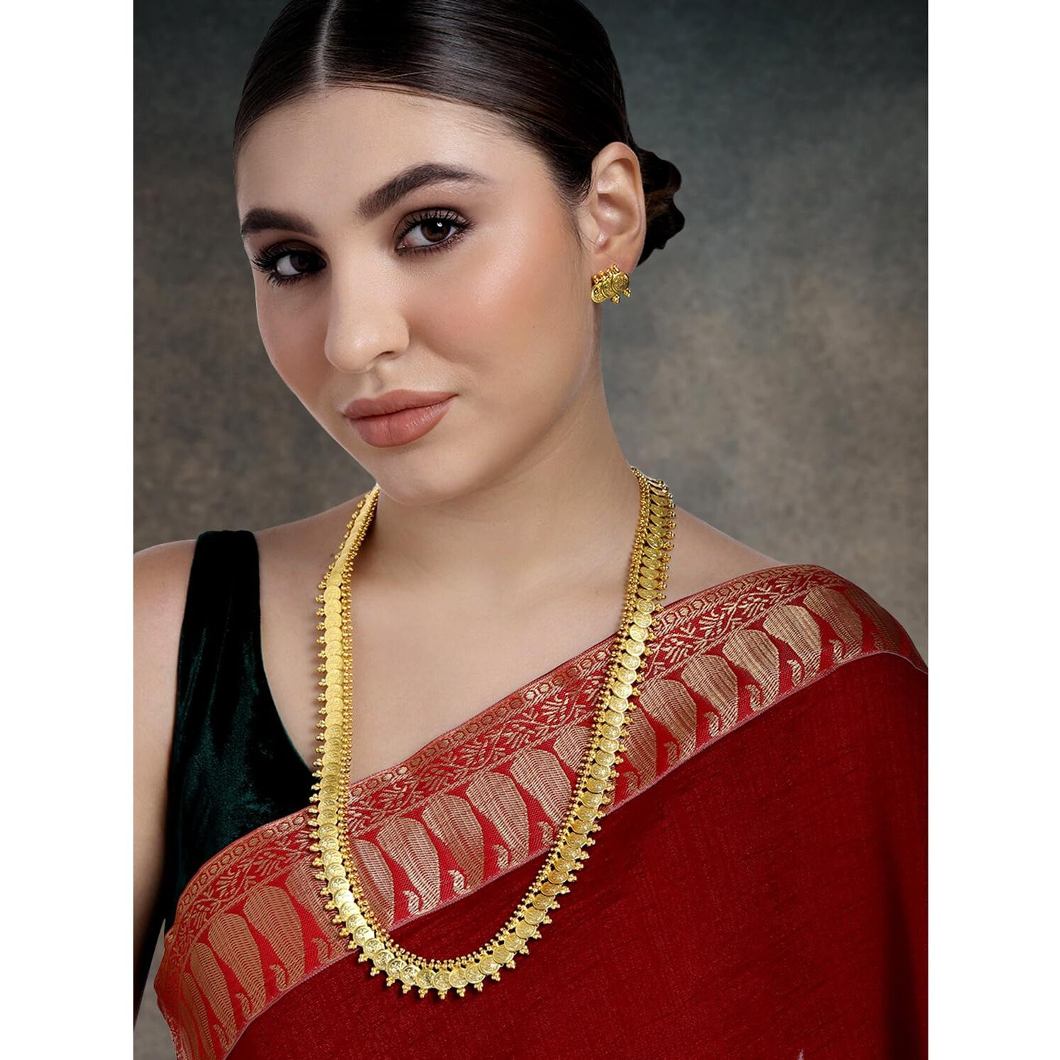Peora Gold Plated South Indian Traditional Bridal Long Maharani Coin Necklace Earrings Jewellery Sets for Women Girls